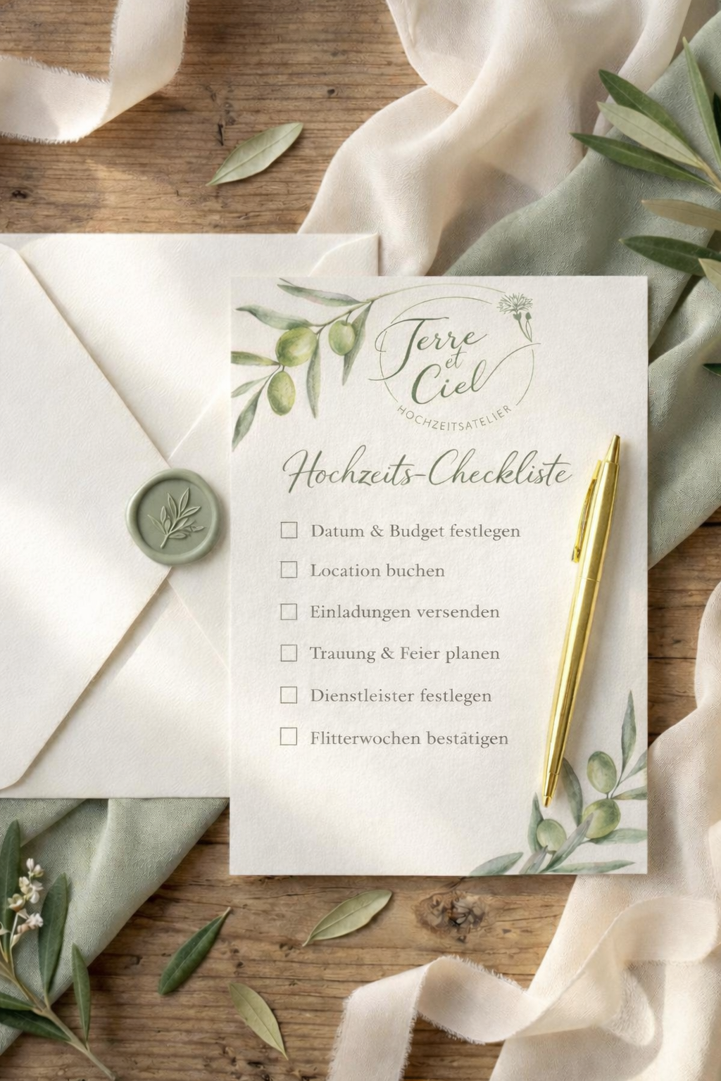Hochzeits-Checkliste mit grünem Oliven-Design, goldener Kugelschreiber, Briefe und Bvlgari-Tag auf Holz.
