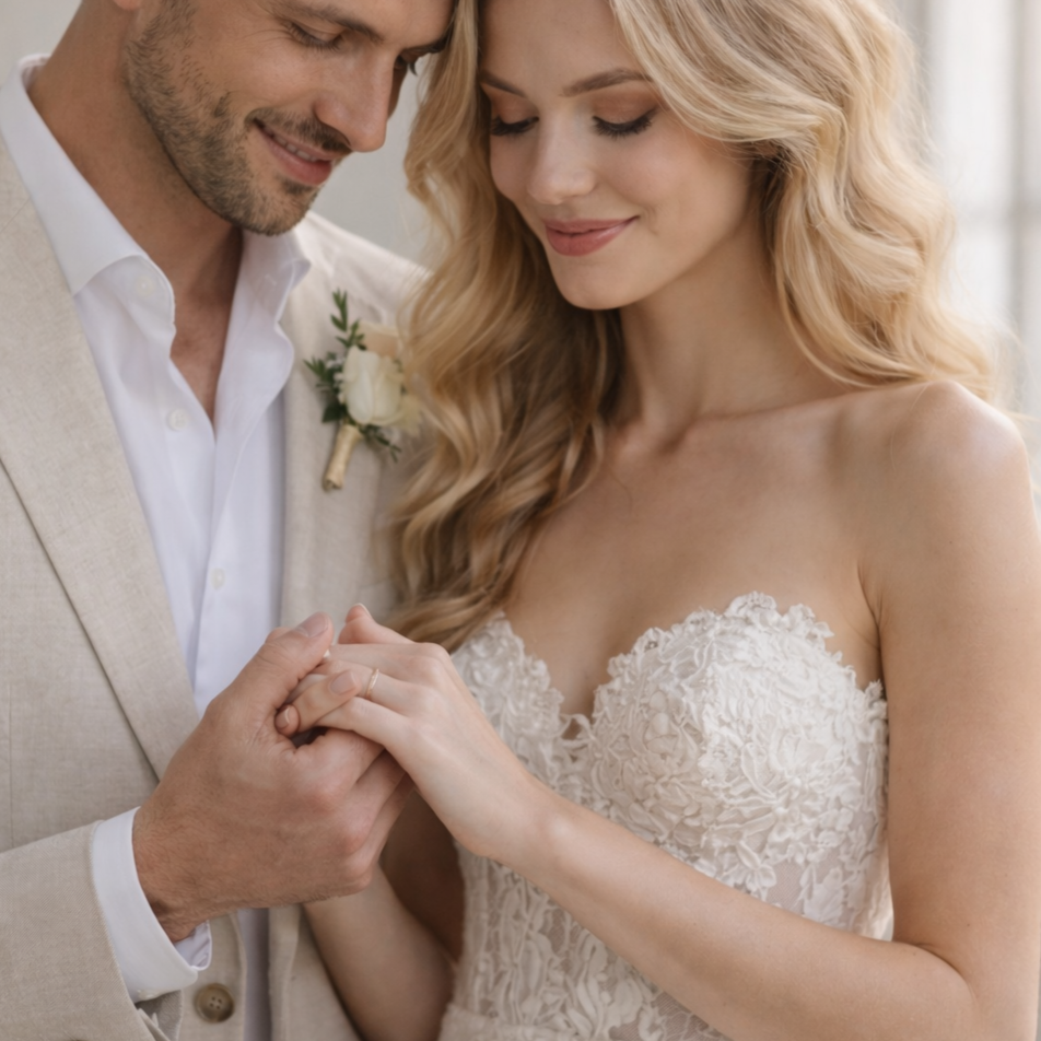 Ein Brautpaar beim Heiratsantrag, die Hand des Mannes hält die Hand der Frau. Beide lächeln liebevoll.