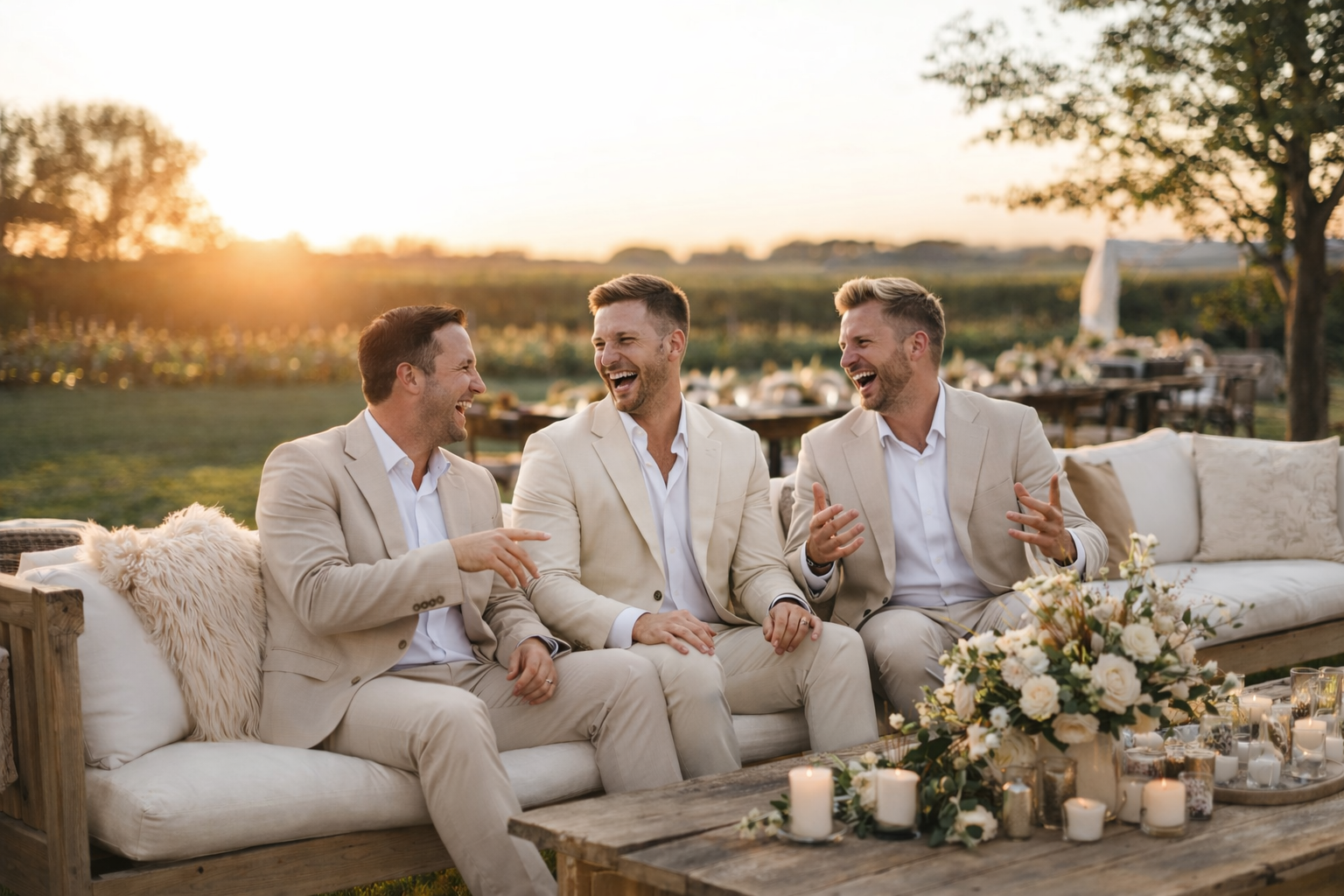 Drei Männer in weißen Anzügen sitzen auf einem Sofa im Freien bei Sonnenuntergang, lachen und unterhalten sich, mit Kerzen und Blumen im Vordergrund.