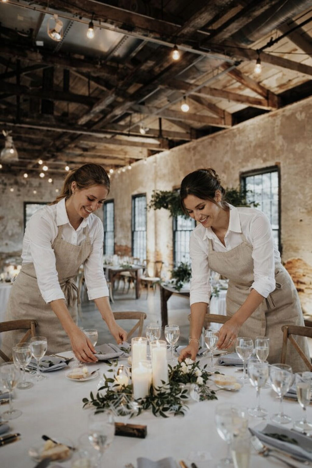 Zwei Frauen bereiten eine festliche Tafel in einem rustikalen Raum vor, gedeckt mit Kerzen, weißen Tellern, Gläsern und Geschirr, umgeben von Dekorationen aus Grün und weiß.
