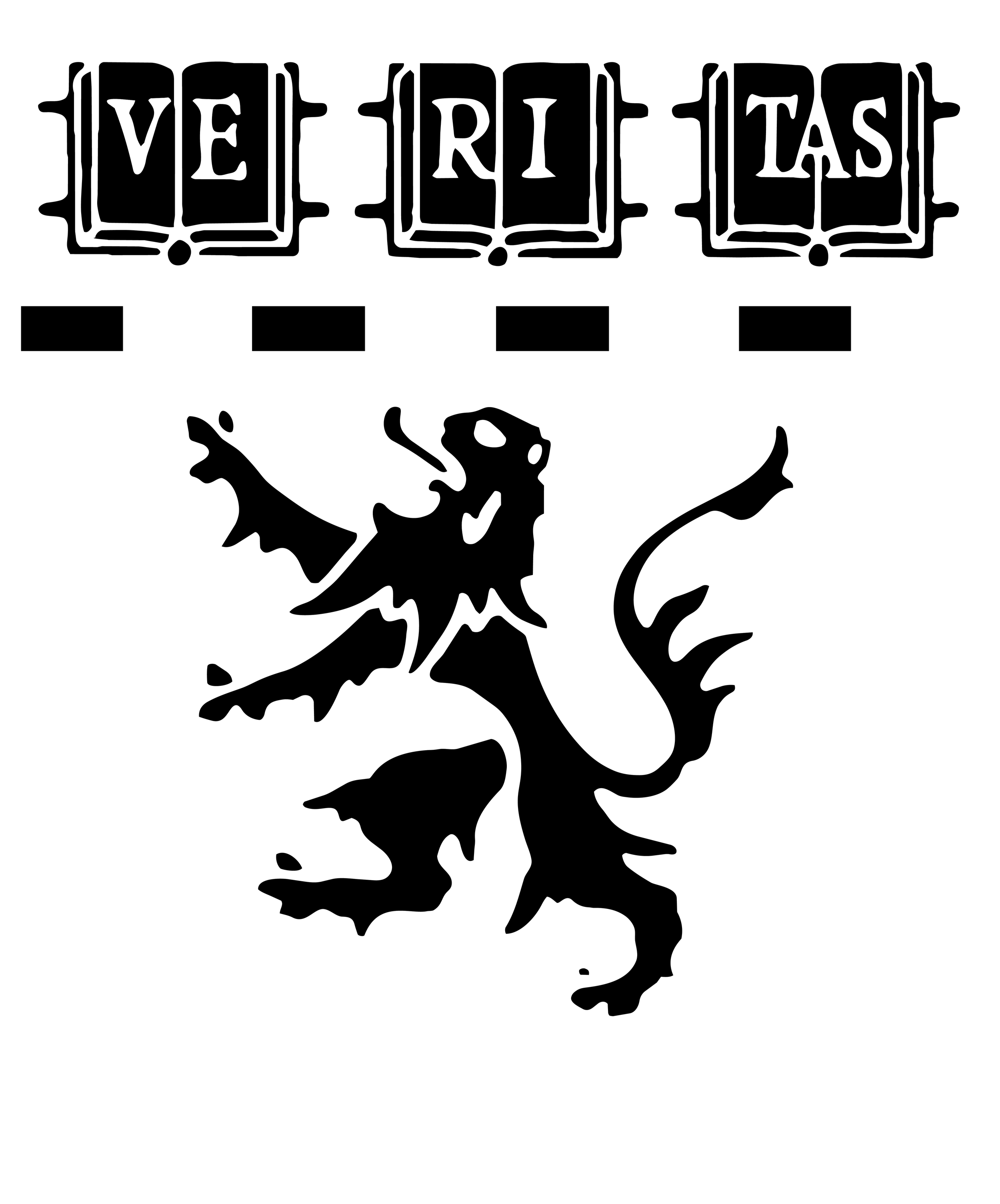 Harvard University shield with black and white design, featuring a lion and the words 'Veritas' at the top.