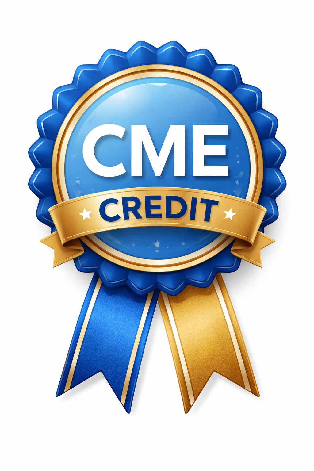 Blue and gold ribbon with the text 'CME Credit' in the center, indicating certification or accreditation for Continuing Medical Education.