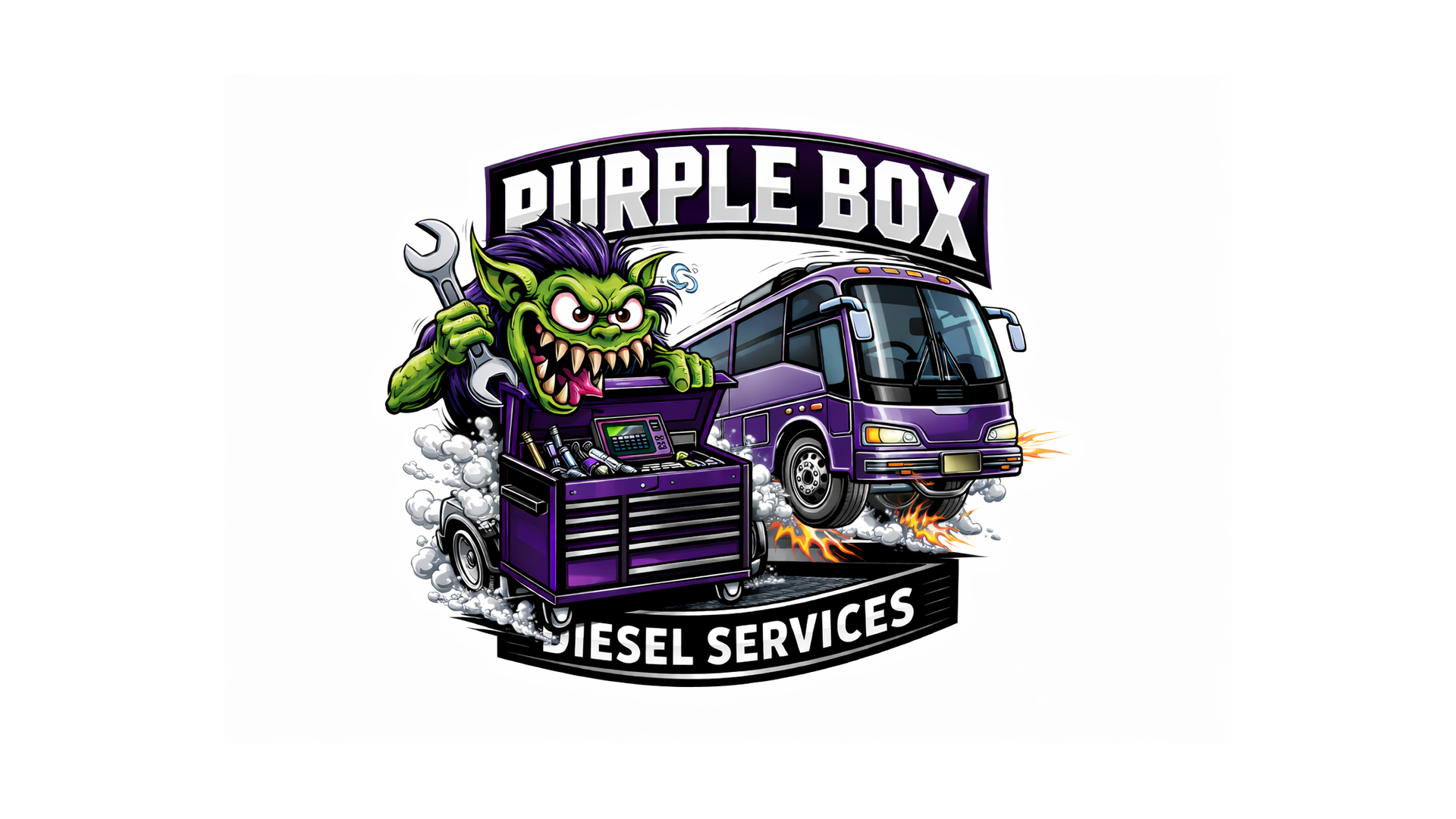 Logo for Purple Box Diesel Services featuring a purple bus, a green goblin with pointy ears and a mischievous grin holding a wrench, a toolbox with tools, and fiery accents.
