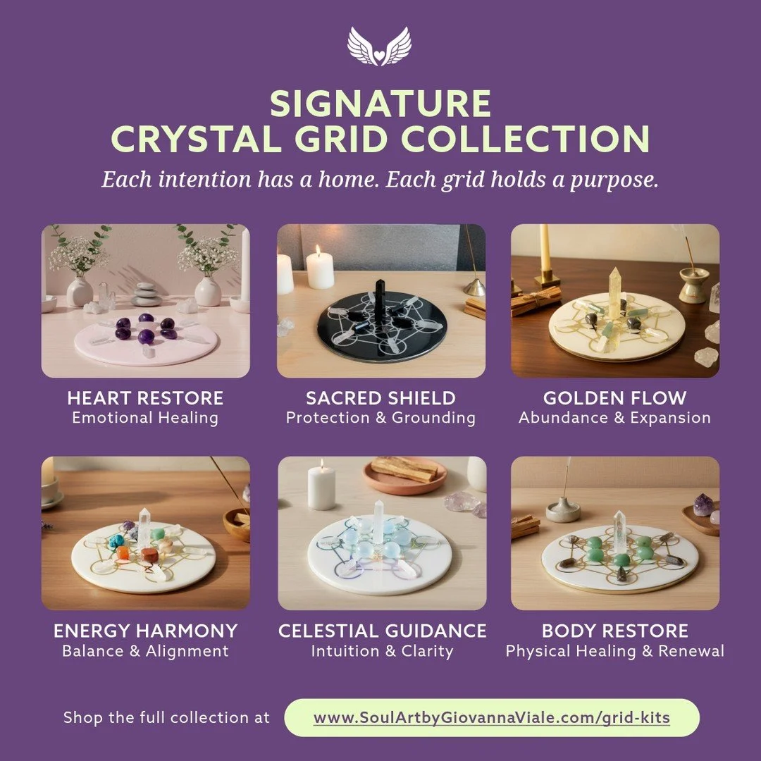 6 handcrafted kits designed to support your journey through healing, protection, clarity, abundance, balance, and renewal. Every kit includes: &bull; 8&rdquo; Metatron&rsquo;s Cube grid &bull; Curated crystal set &bull; Center stone &bull; Intention 