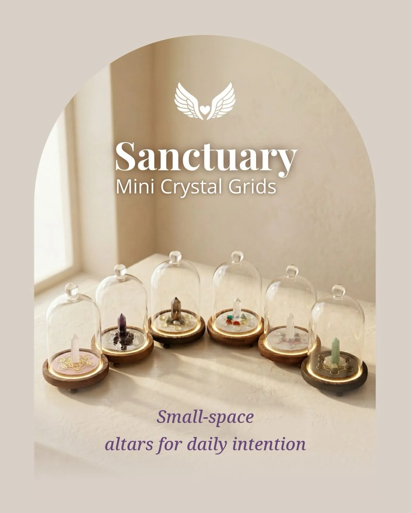 A new way to hold intention has arrived.
Meet the Sanctuary Mini Crystal Grids &mdash; small‑space altars crafted for grounding, clarity, and daily energetic alignment.
Six themes. Six energies. One sacred purpose.
Each mini grid is designed to suppo