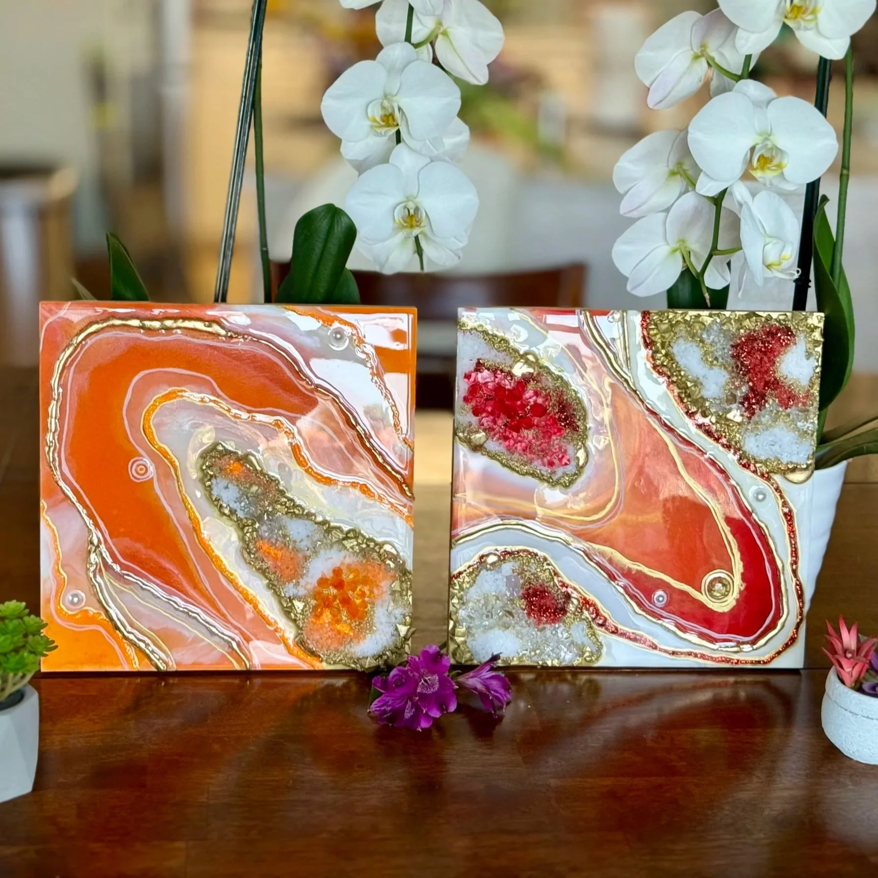 Orange & Gold, Red & Gold Geode Resin Art – Set of 2 Handmade Wall Paintings