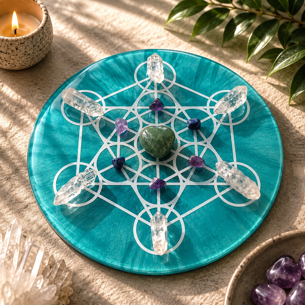 A circular teal crystal grid with quartz and amethyst stones, centered around a green heart-shaped stone, placed on a beige surface with sunlight and green leaves nearby.