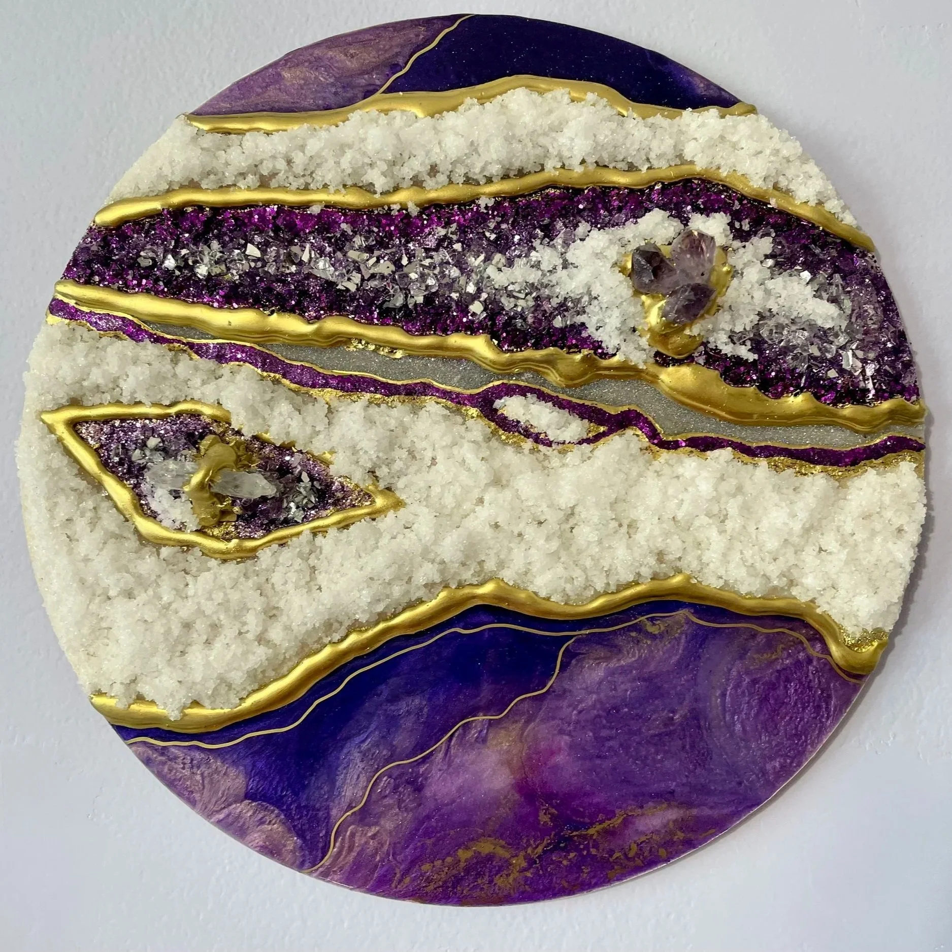 Purple, White & Gold Geode Resin Art – Amethyst & Clear Quartz on Wood Panel