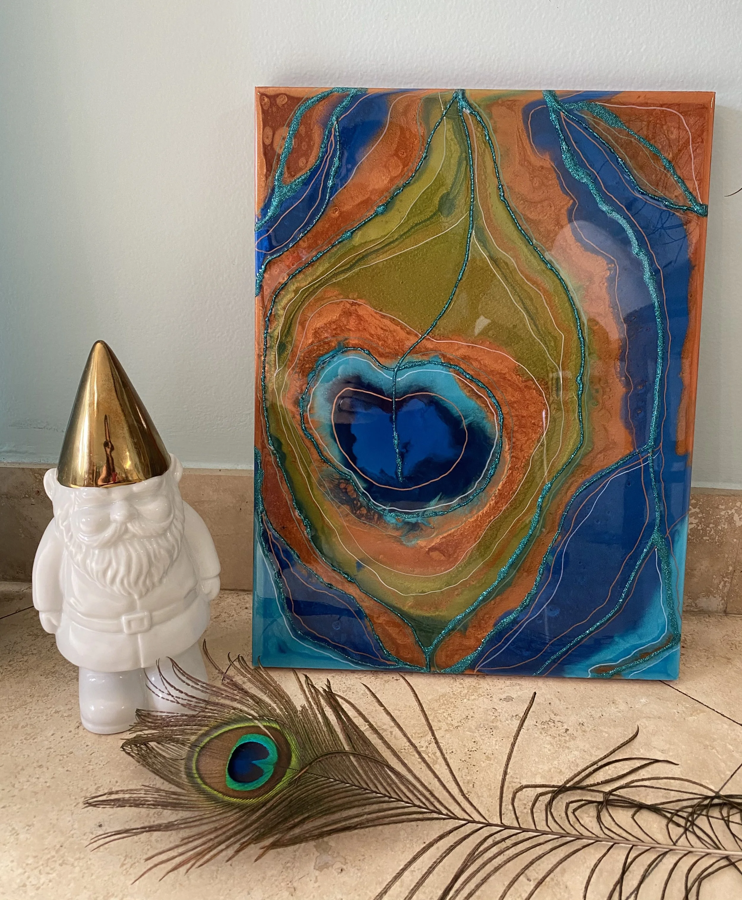 Peacock Feather Resin Art – Blue Geode-Inspired Wall Painting on Wood Panel