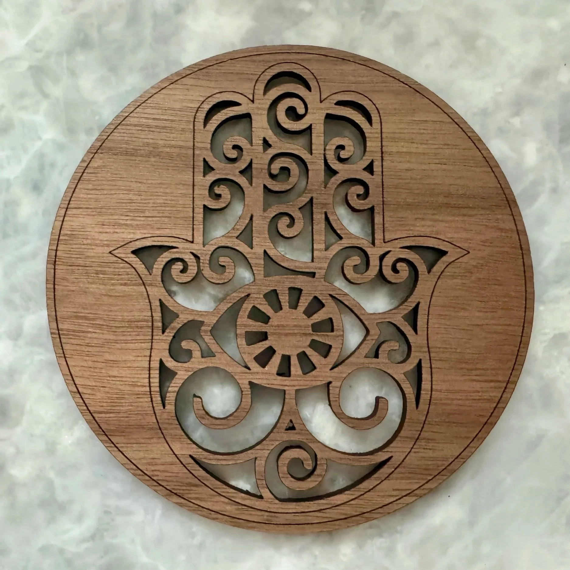 Hamsa Hand Wood Coaster – 4” Round in Walnut, Cherry, or Maple | Protective Evil Eye Design