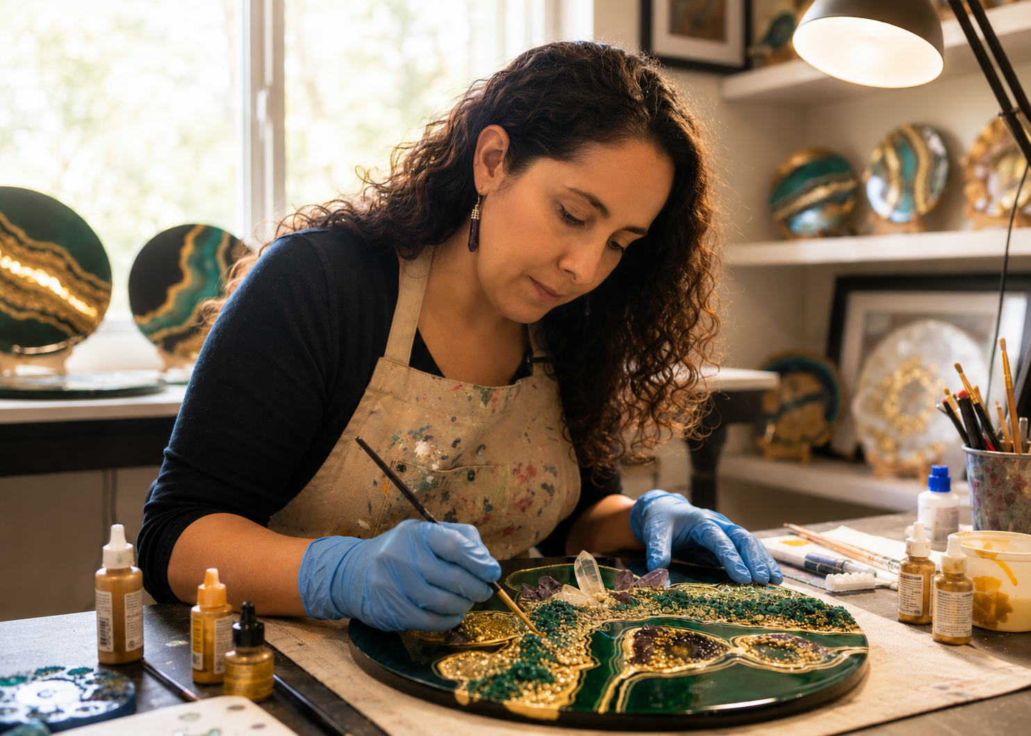 Artist painting a decorative object with gold, green, and purple accents in her studio, surrounded by painted decorative objects and art supplies.