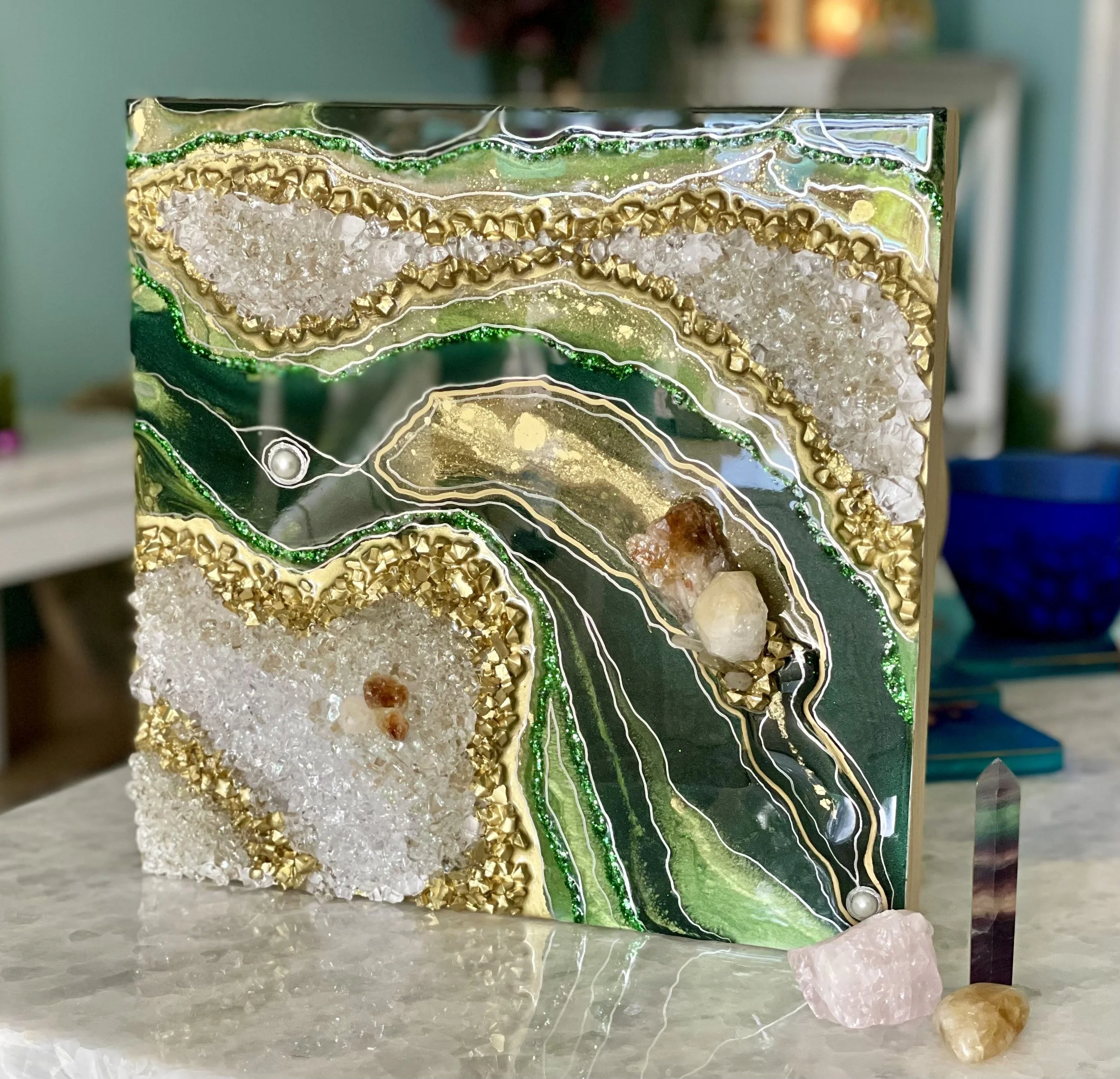 Green & Gold Geode-Inspired Wall Art – Citrine Crystal Edition