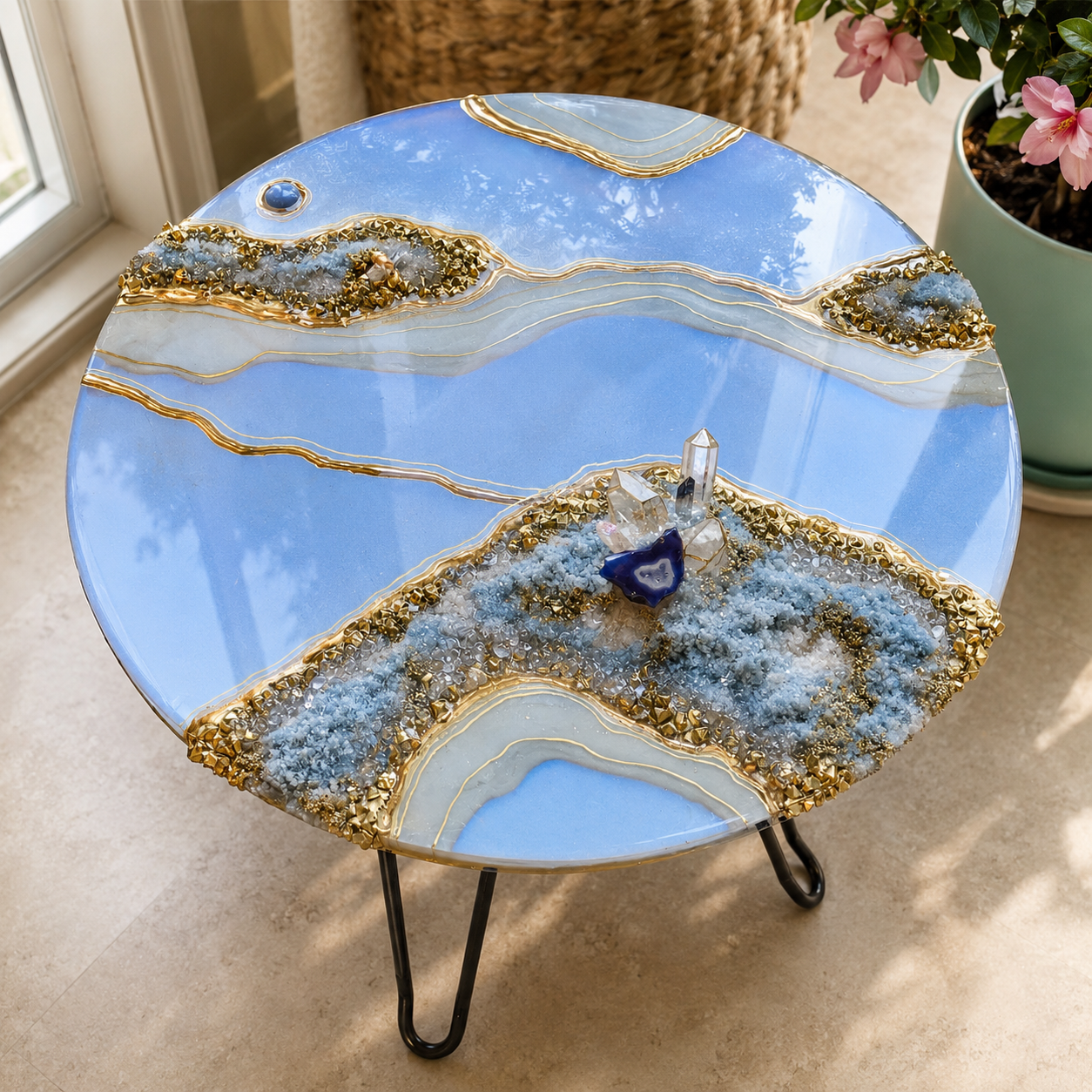 A round, blue table with decorative gold accents and embedded crystals, placed near a window and a potted pink flower.