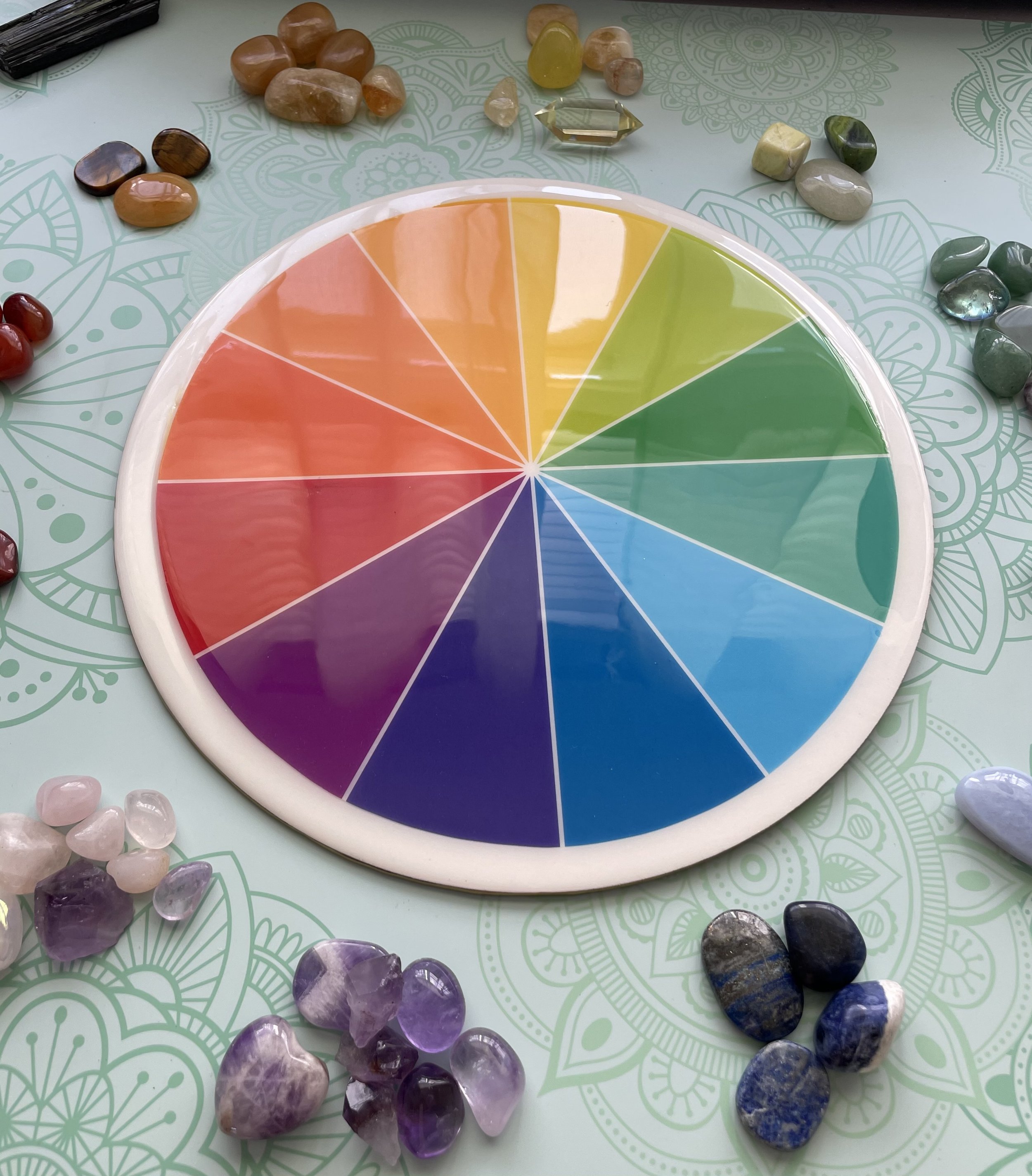 Color Wheel Mandala – Sacred Geometry Resin Tray on Wood