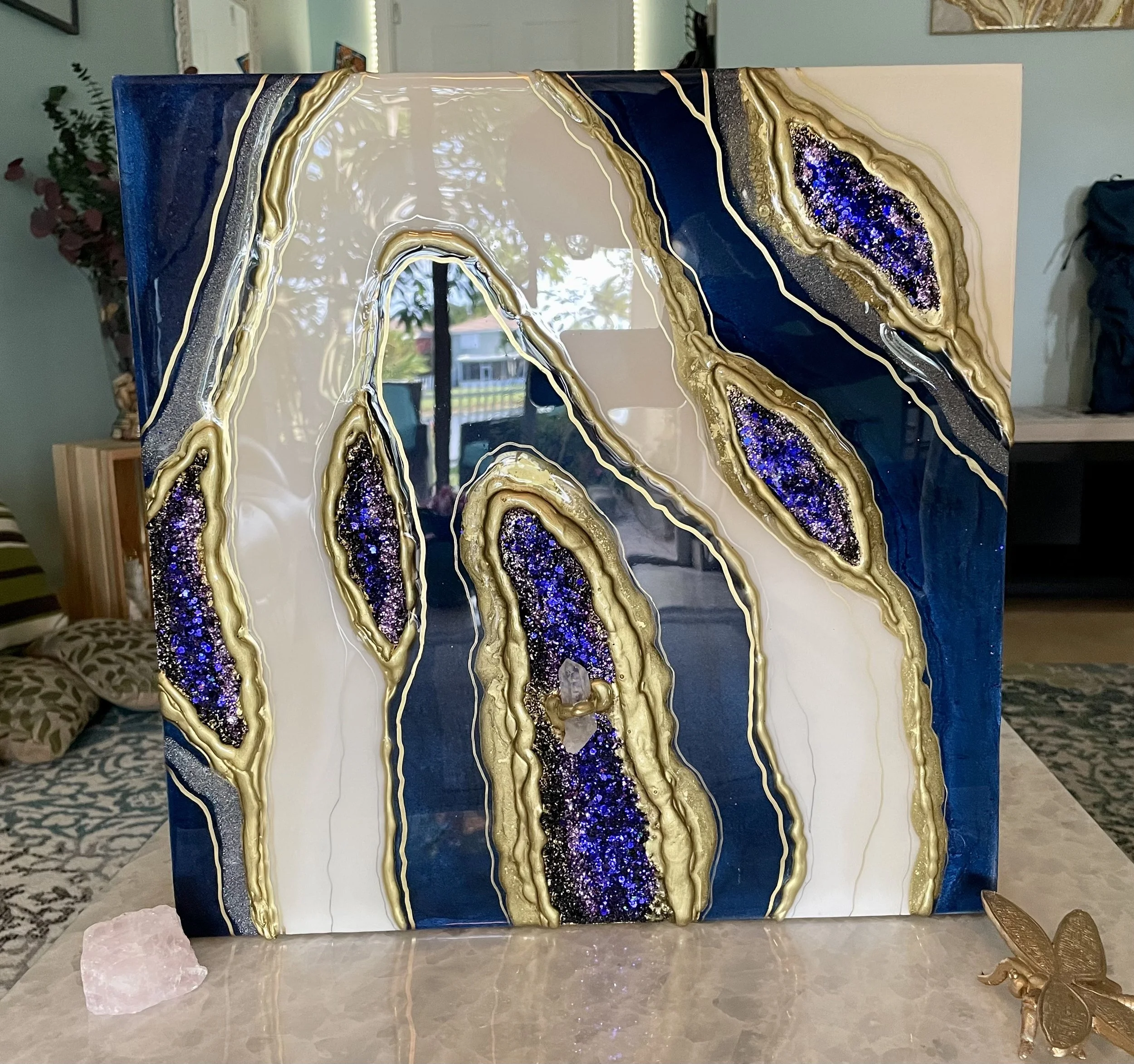 Blue & Gold Geode Resin Art – Clear Quartz Accent on 16” Wood Panel
