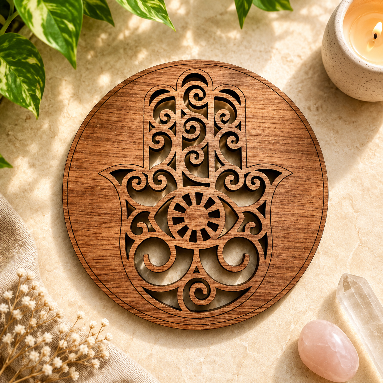 Hamsa Protection Wood Coaster