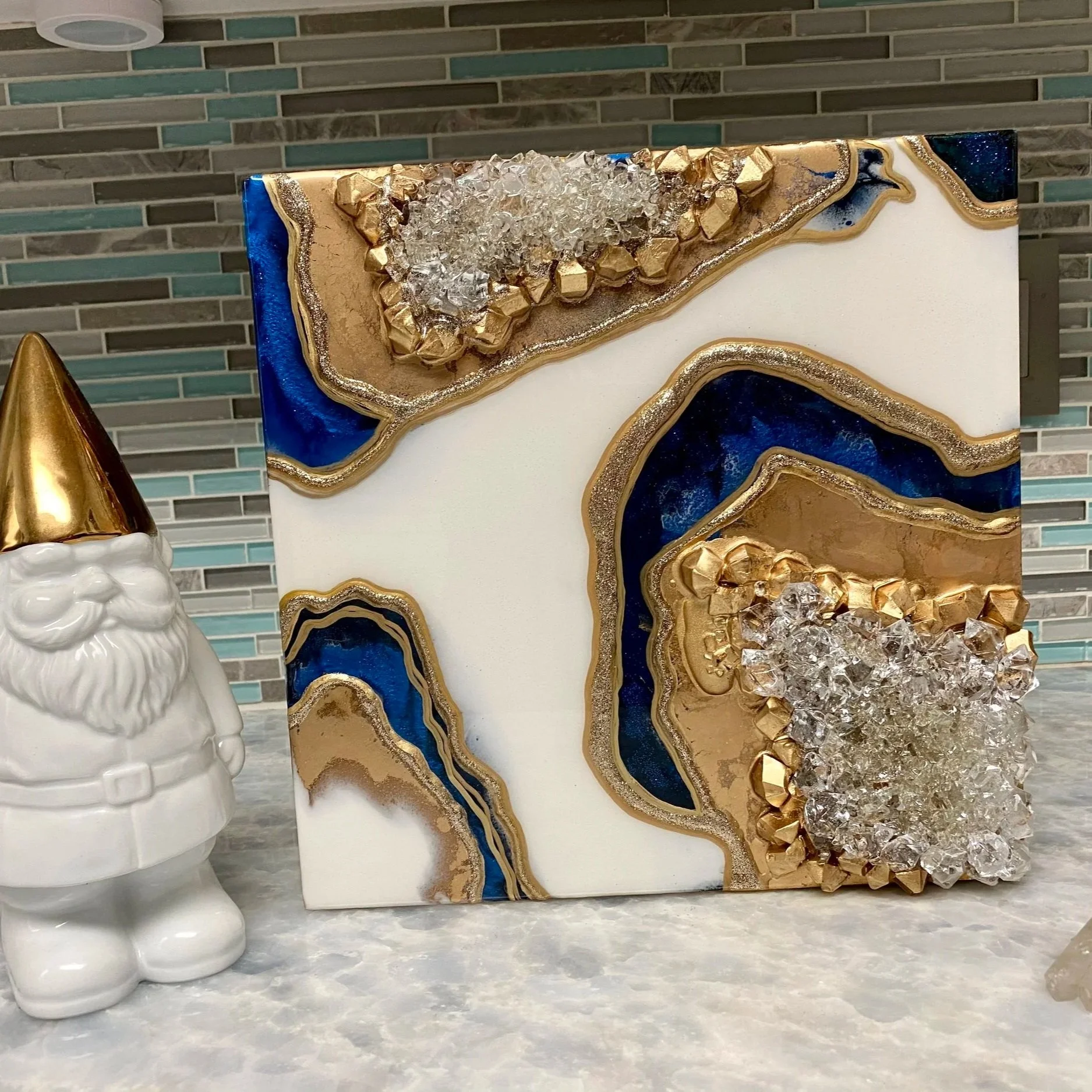 Blue, White & Gold Resin Geode Wall Art with Acrylic Gems