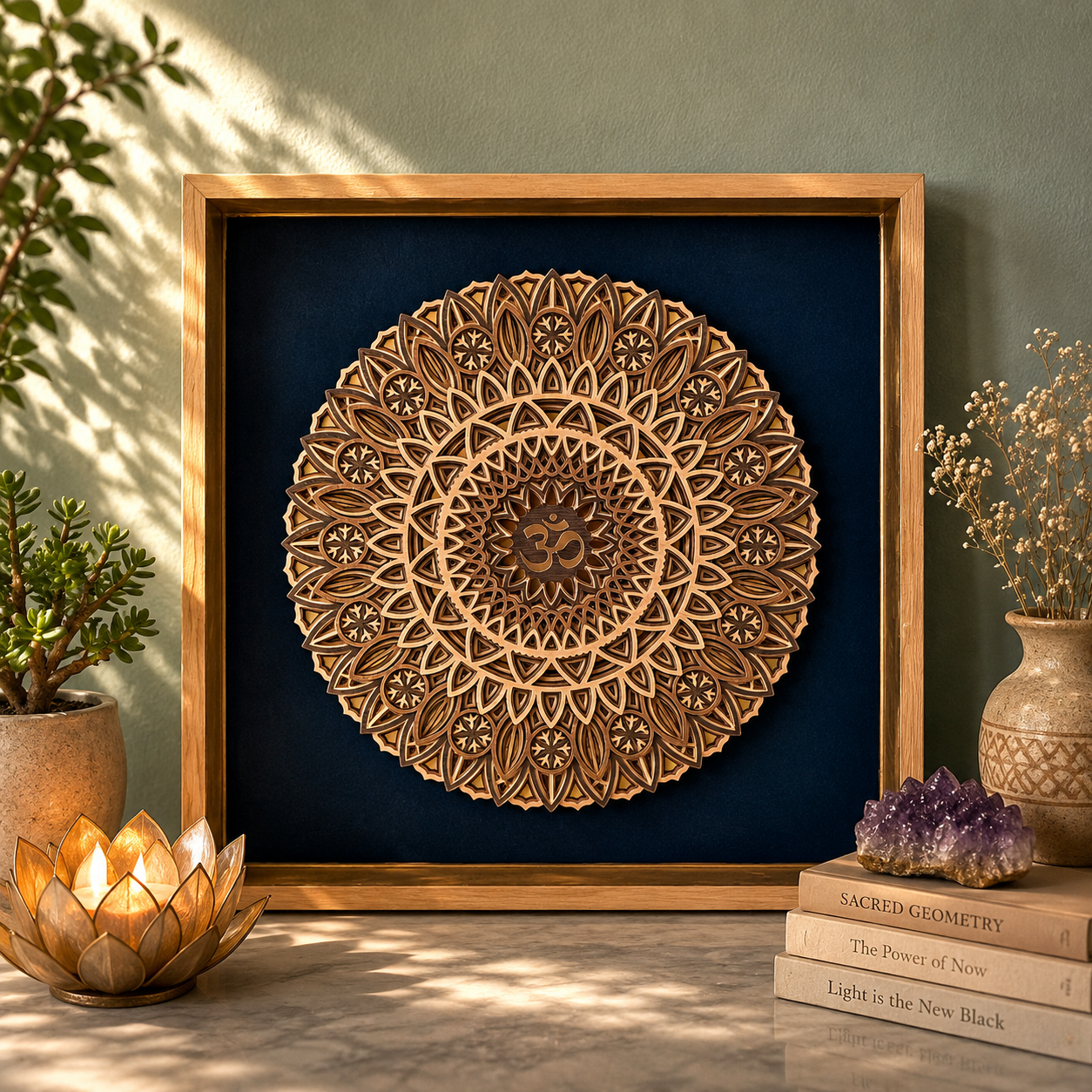 Decorative wall art with intricate wooden mandala design featuring an Om symbol in the center, placed within a wooden frame. Surrounding elements include potted plants, a lit lotus-shaped candle holder, and stacked books on sacred geometry and spiritual themes, with a rocky amethyst crystal on top.