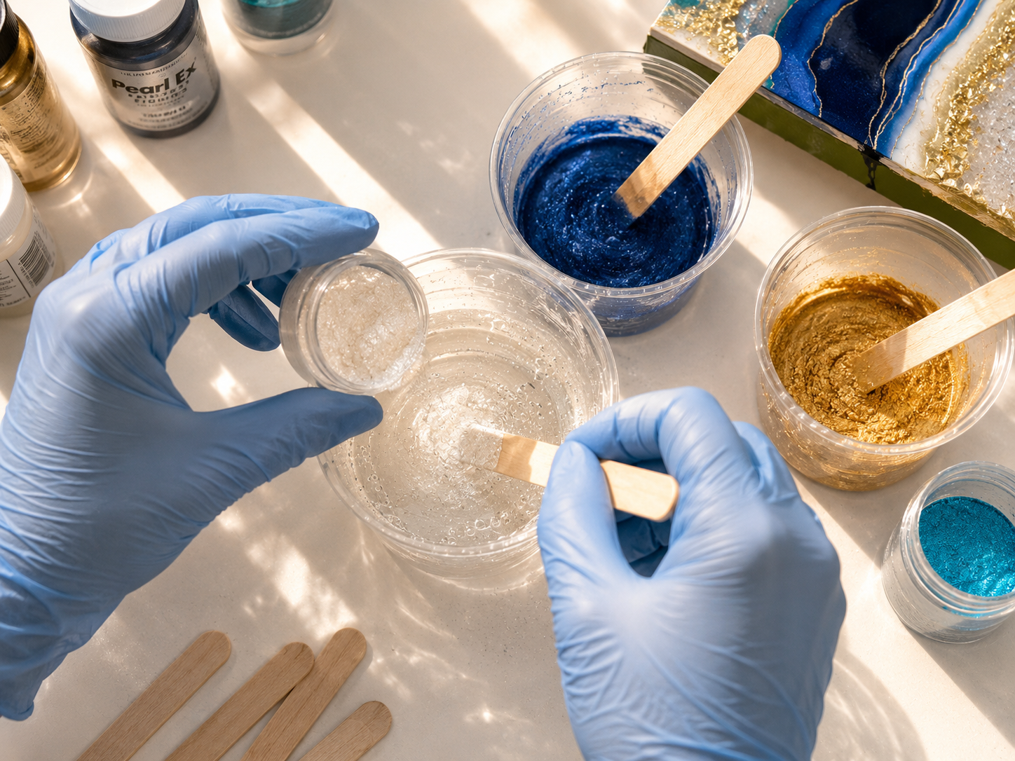 Person wearing blue gloves holding a small container of clear glitter and a popsicle stick. Several containers of colorful glitter and resin on a white surface.