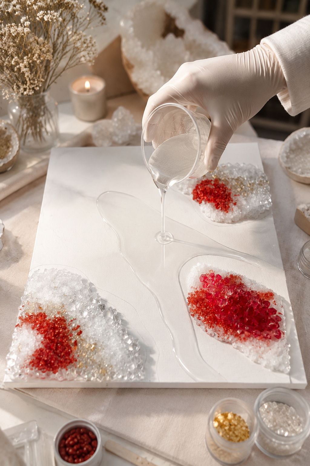 A person wearing gloves pouring liquid into a heart-shaped resin art piece surrounded by decorative crystals and craft materials on a table.