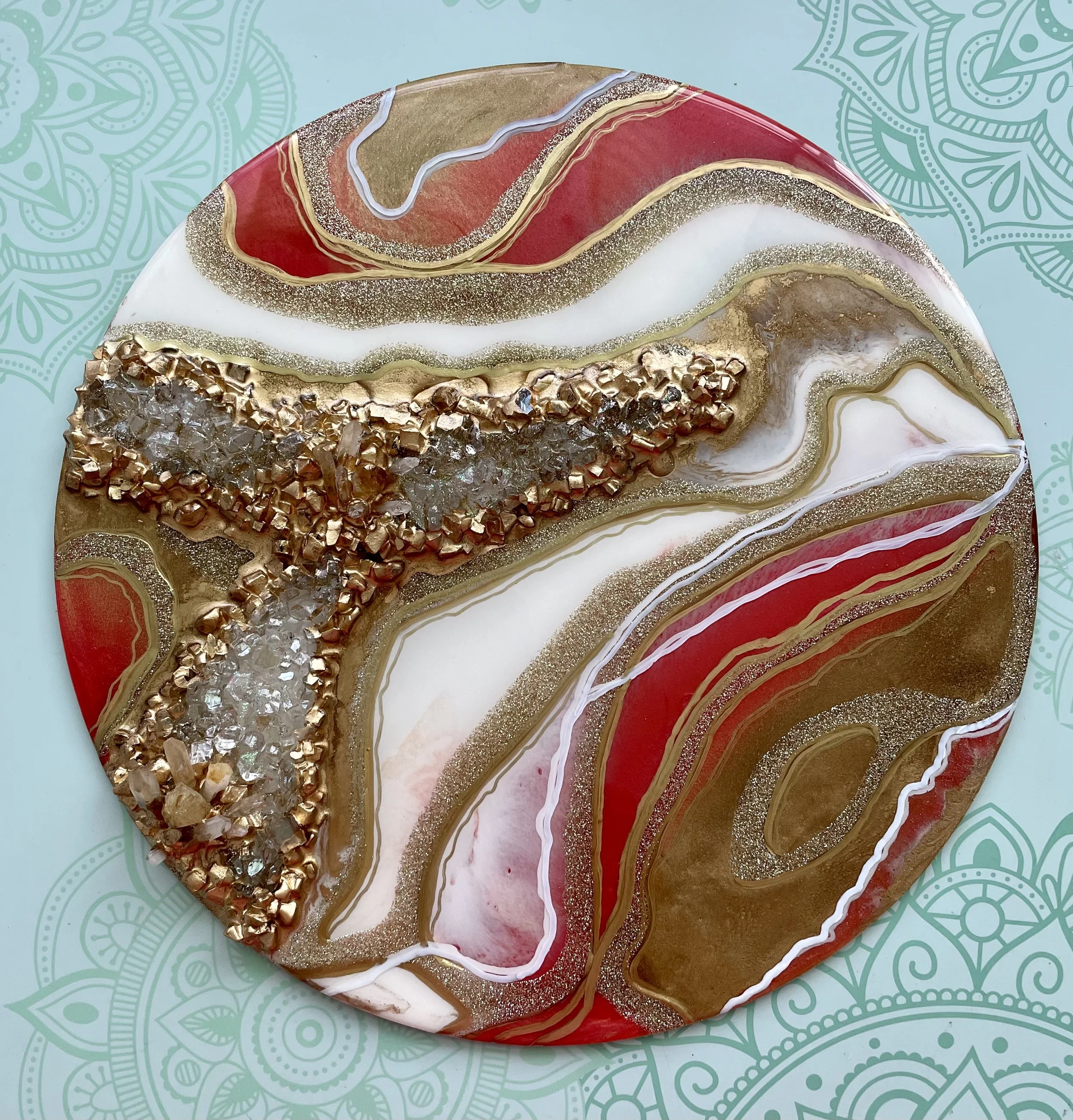 Purple, White & Gold Geode Resin Art – Amethyst & Clear Quartz on Wood Panel (Copy)