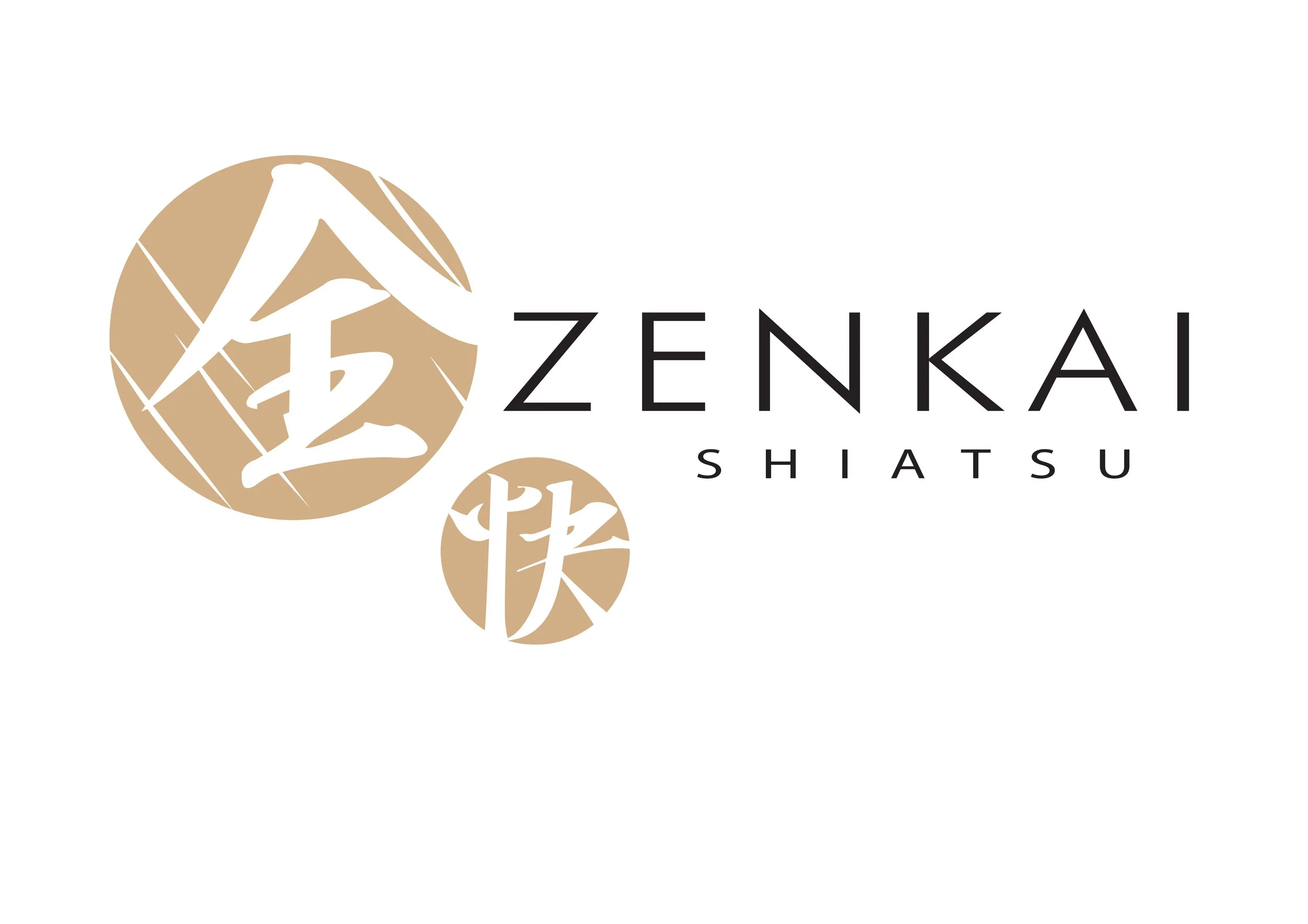 Logo Zenkai Shiatsu avec un symbole rond tenant des caractères japonais et le texte 'Zenkai Shiatsu' à côté.