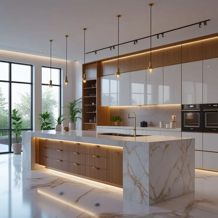 Modern kitchen with white marble island and gold accents, pendant lights, built-in oven, and large windows with view of outdoors.