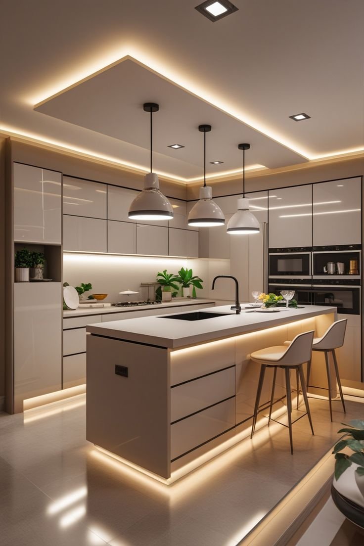 Modern kitchen with white cabinets, a central island with seating, under-cabinet and ceiling lighting, and plants as decor.