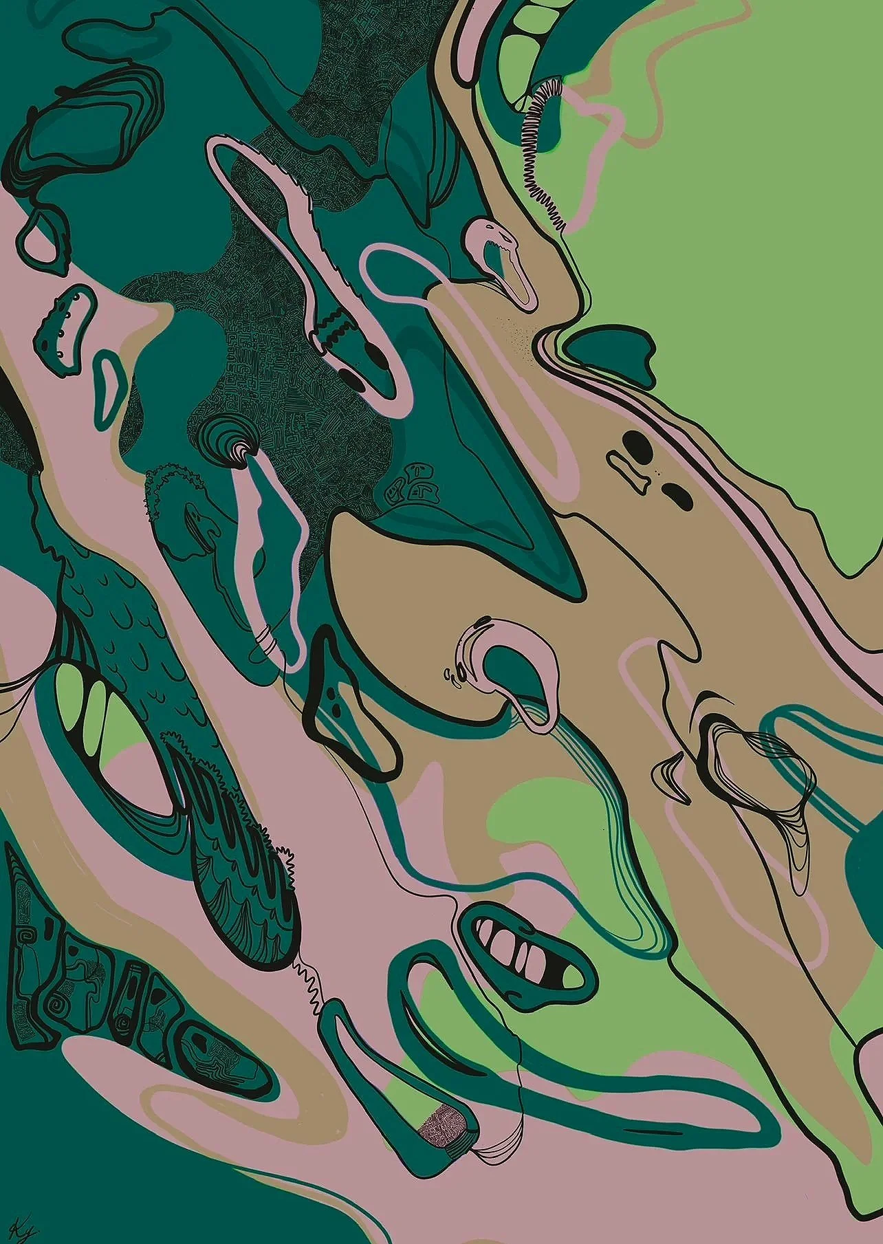 Abstract colorful map with contours, lines, and shapes in shades of green, pink, beige, and black.