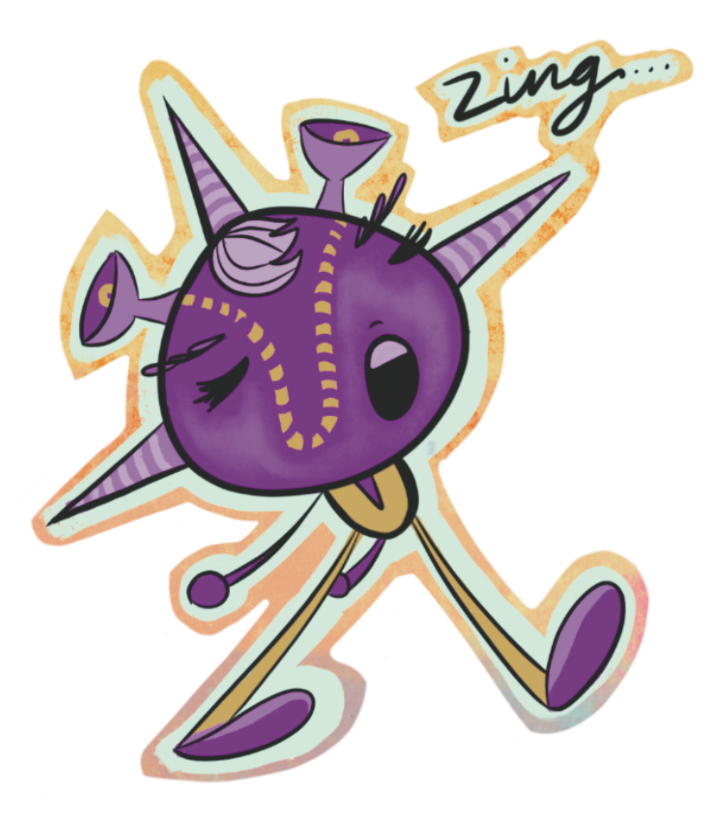 Cartoon purple creature with pointy ears, a large head, and a happy expression, holding a wine glass, with the word 'Zing...' written above.