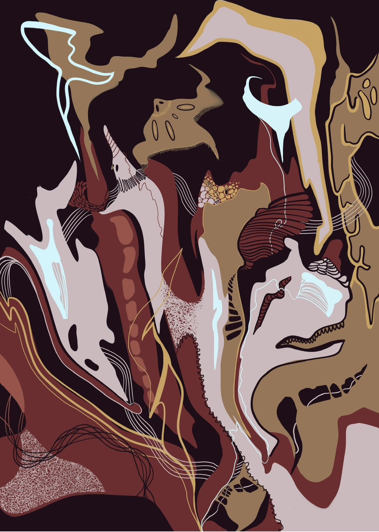 Abstract digital art featuring overlapping shapes and lines in brown, beige, black, white, and light blue, creating a layered and dynamic composition.