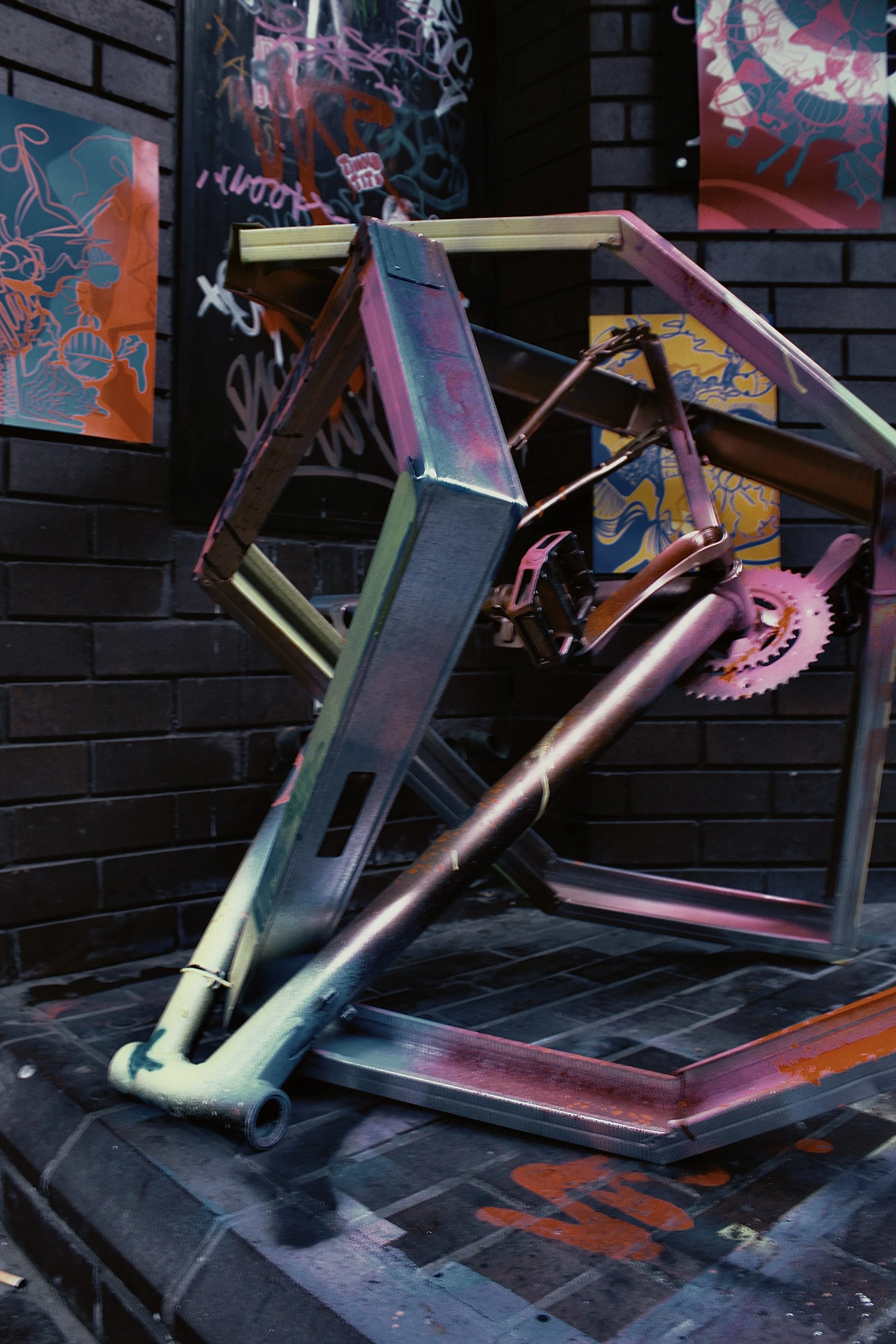 A colorful, metal art installation of a bicycle frame displayed against a black brick wall with vibrant graffiti and artwork in the background.