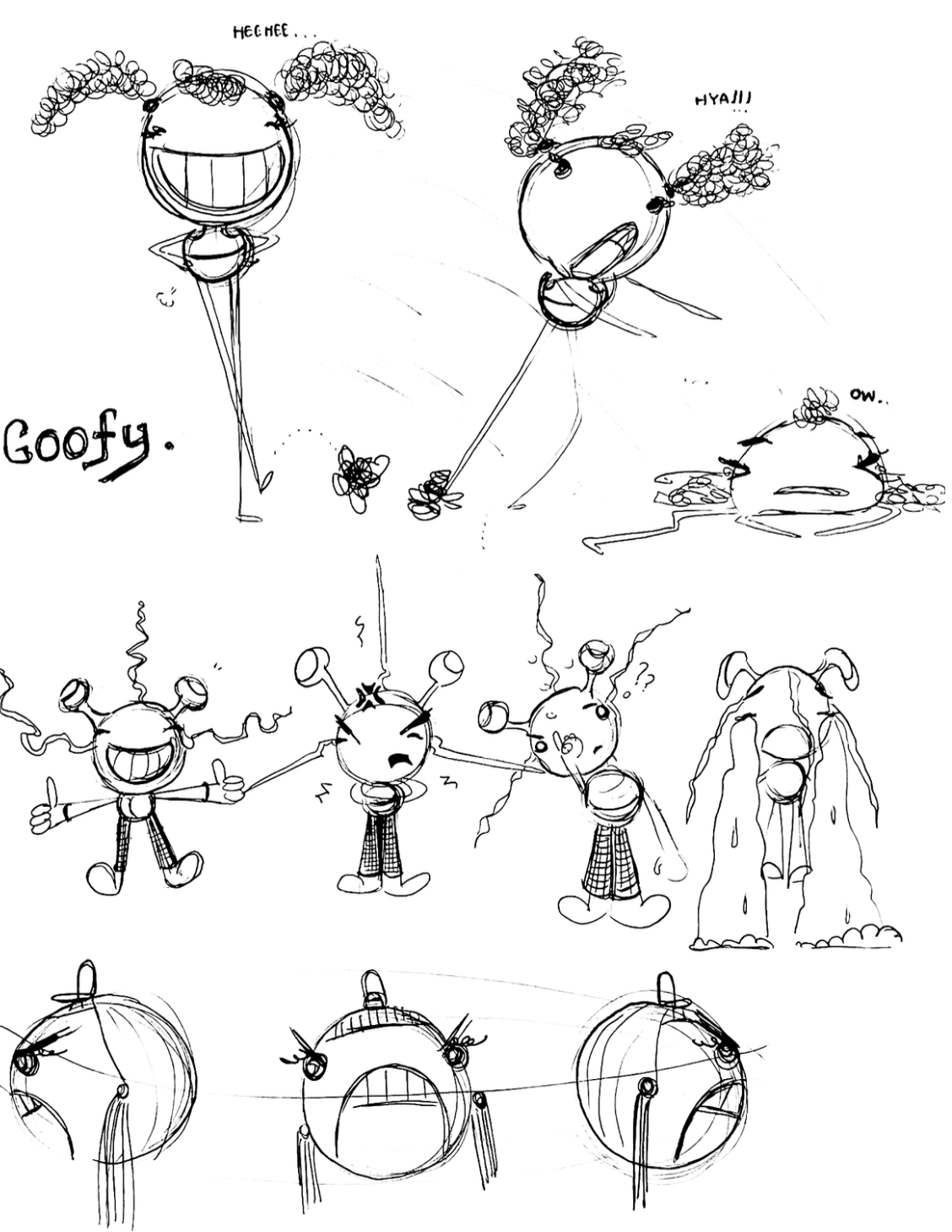 Sketches of cartoon characters with expressive faces, hair, and body language, depicting a range of emotions including happiness, anger, and sadness, with some characters labeled with words like 'Goofy' and 'Hehehe'.