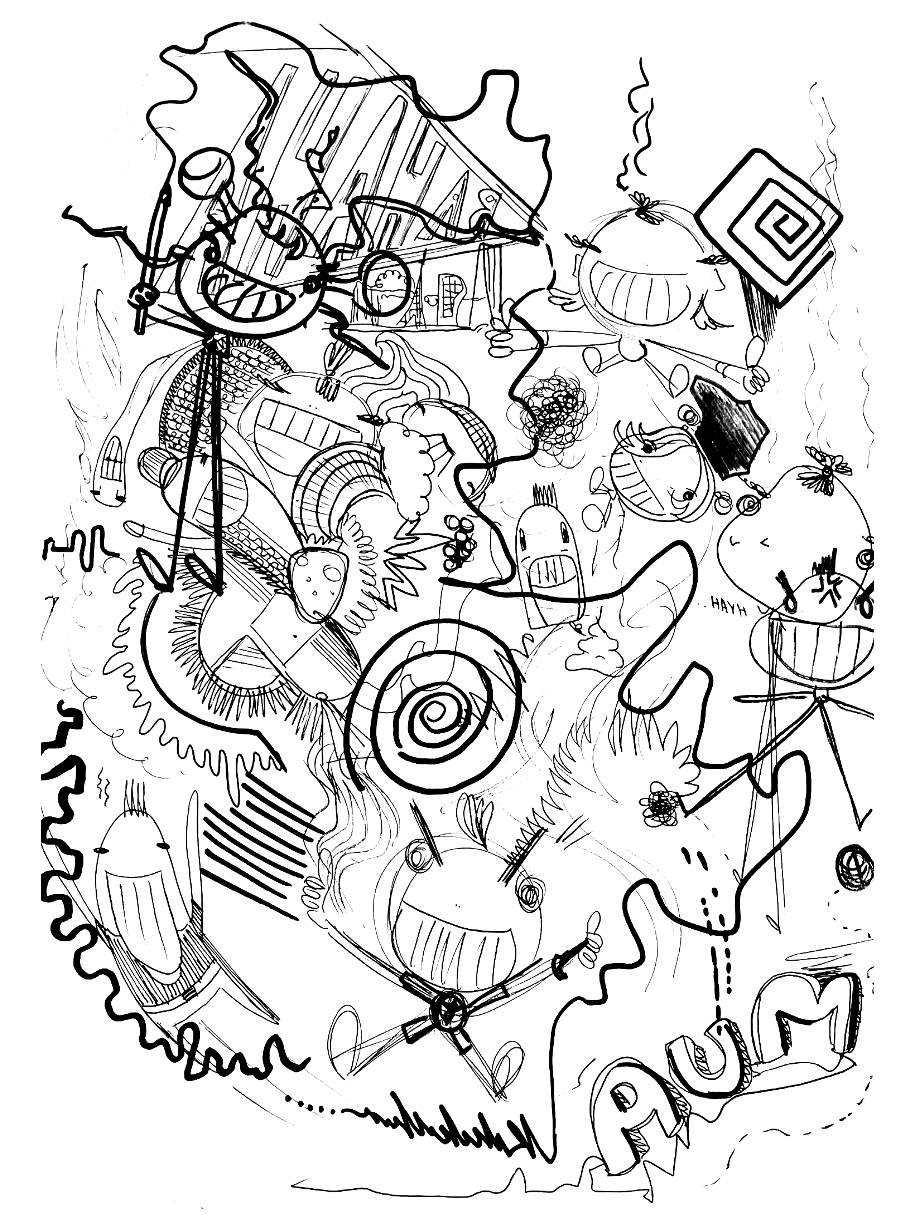 A chaotic black-and-white doodle featuring various cartoonish characters, symbols, and abstract shapes, including smiling faces, hypnotic spirals, a house, and random lines and squiggles.