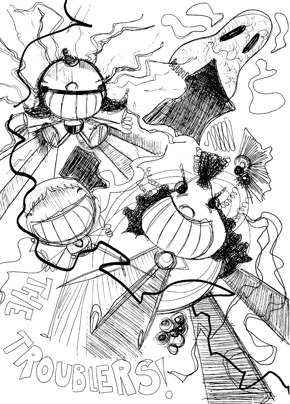 A black and white sketch of cartoon-like Halloween-themed objects including pumpkins with faces, bats, and a spider, along with the words 'Trick or Treat' and 'Troublers!'