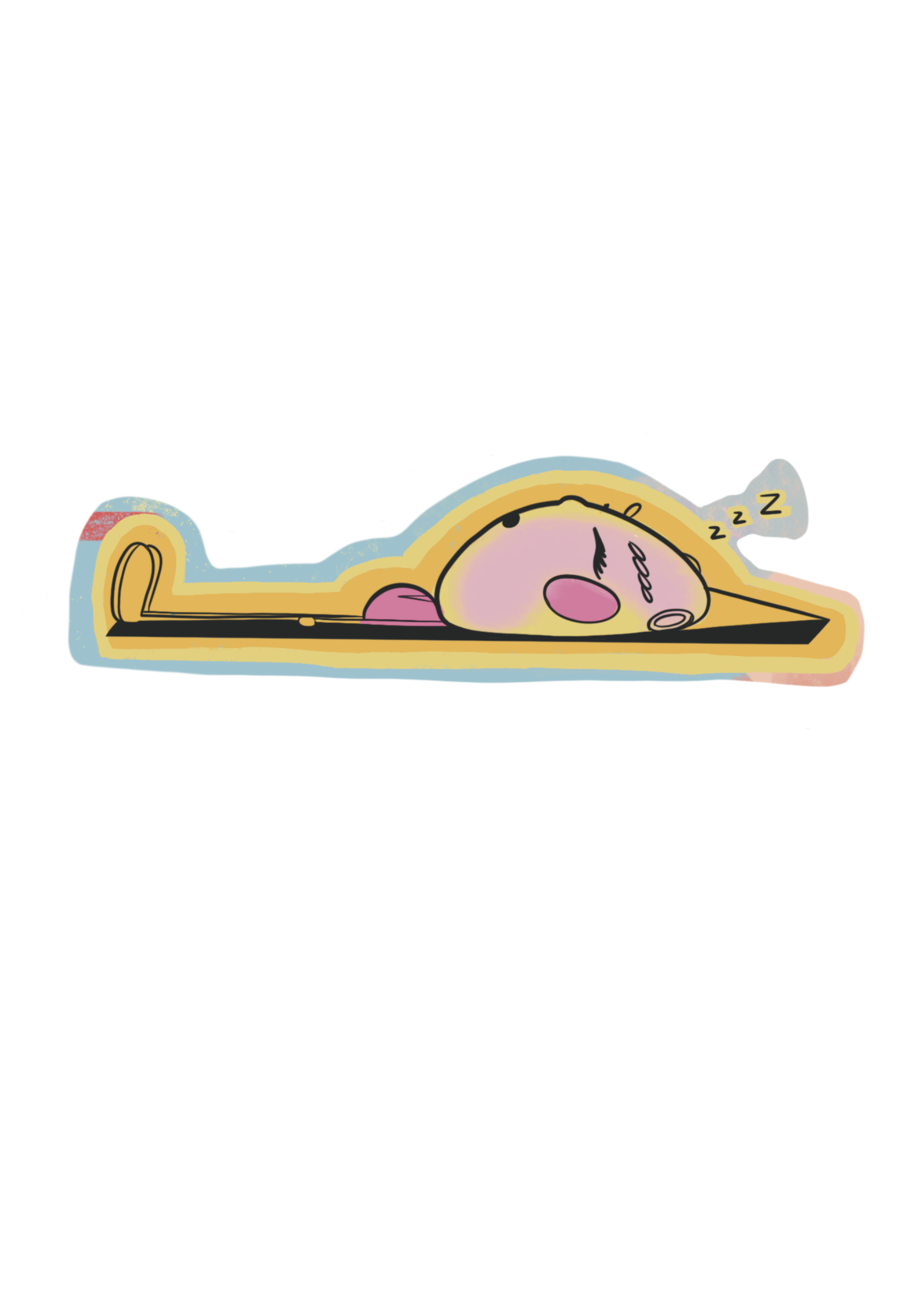 Cartoon of a sleeping dog lying on a yellow blanket with its eyes closed, pink tongue slightly out, and 'Zzz' symbols indicating sleep.