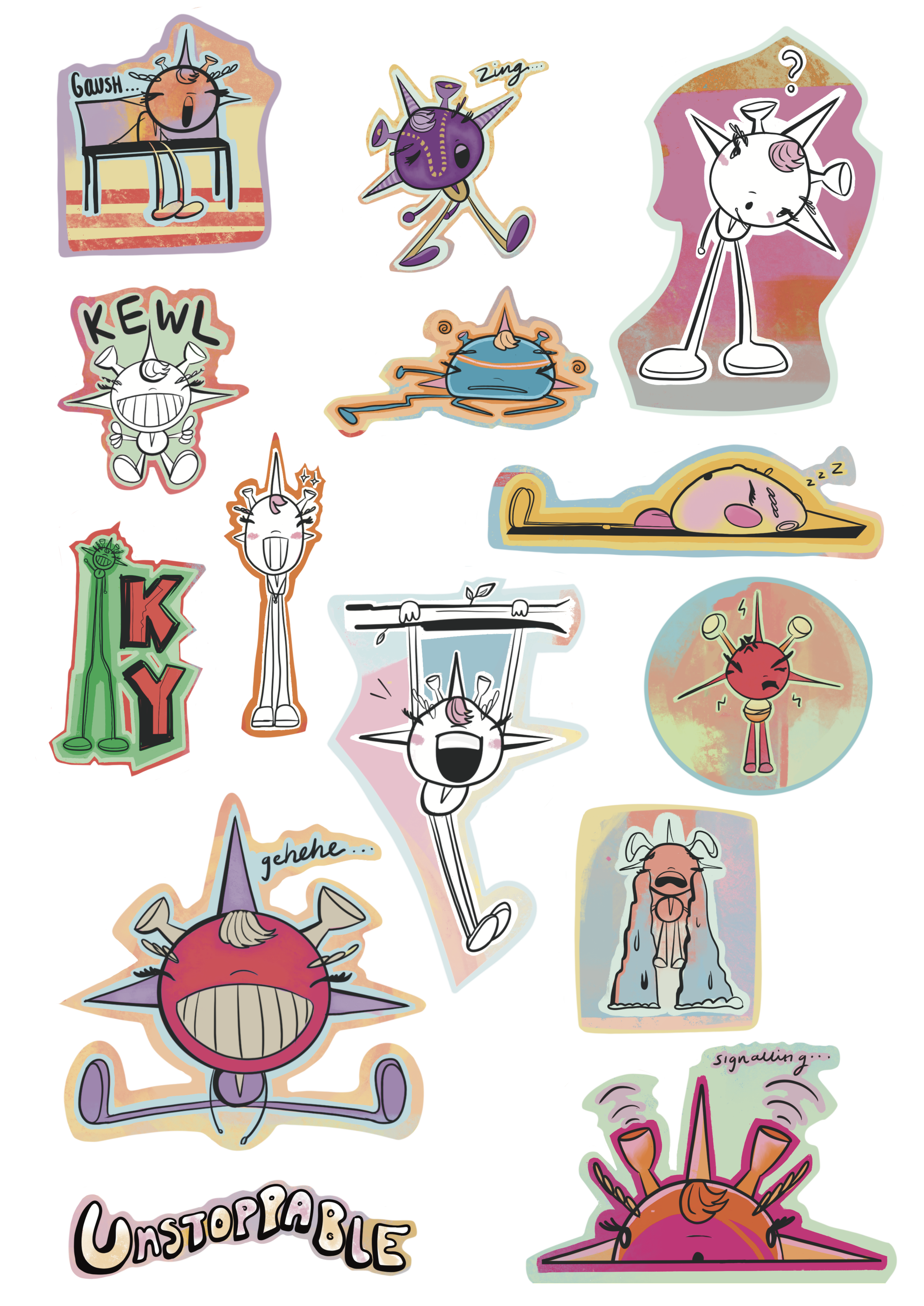 Collection of colorful cartoon stickers depicting various animals, including a tired cat, a singing unicorn, a happy unicorn, a sleeping creature, a jumping unicorn, a mythical character, a yoga unicorn, a laughing circle creature, a crying dog, and a crawling crab, with some text like 'Kewl', 'Ky', 'Unstoppable', and 'signaling'.