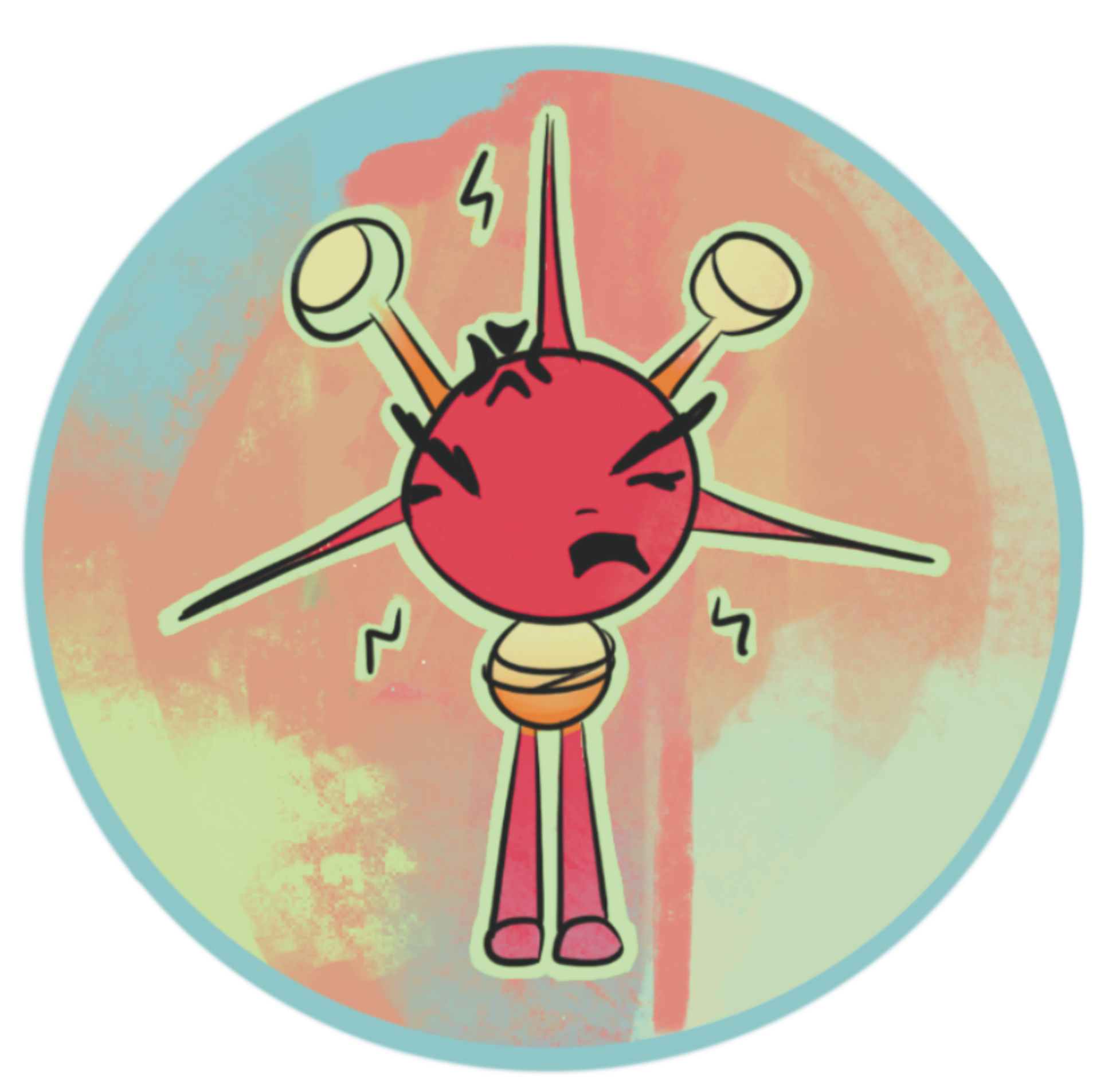 A cartoon angry red virus character with an electric plug tail and antennae, standing in the center of a colorful background, expressing frustration.