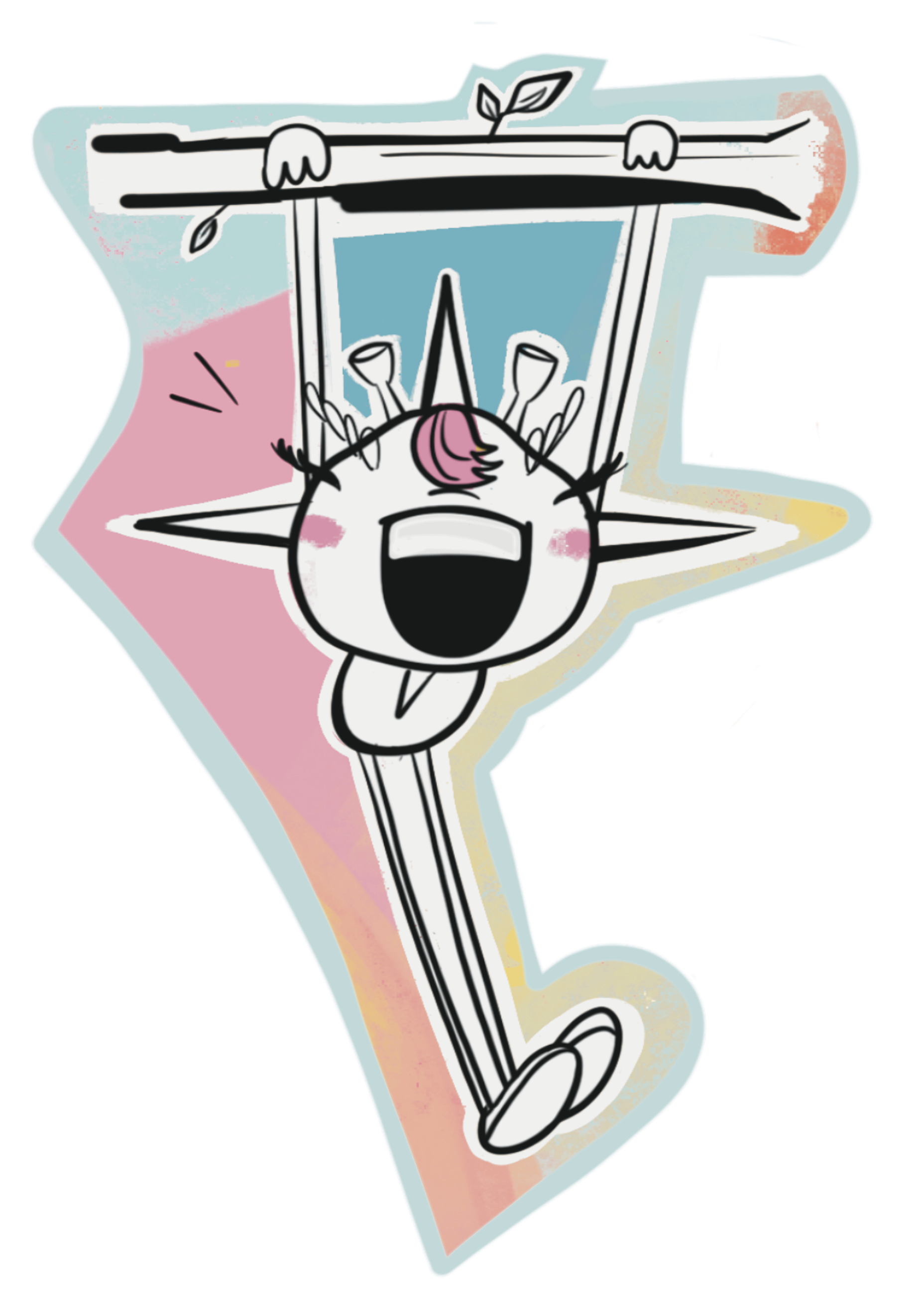 A cartoon-style illustration of a cheerful unicorn holding a large paintbrush, with a rainbow-colored background.
