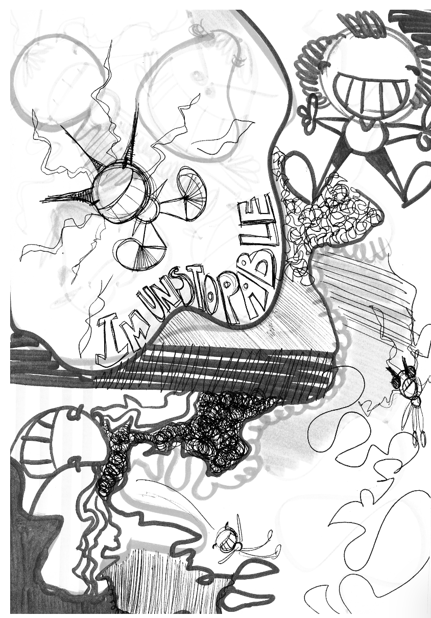 A hand-drawn illustration featuring a smiling doll, a fly with wings, a cartoon brain with lightning bolts, and the phrase "I'M JUST A BRAIN" written on a large brain shape. The drawing includes various abstract shapes and lines.