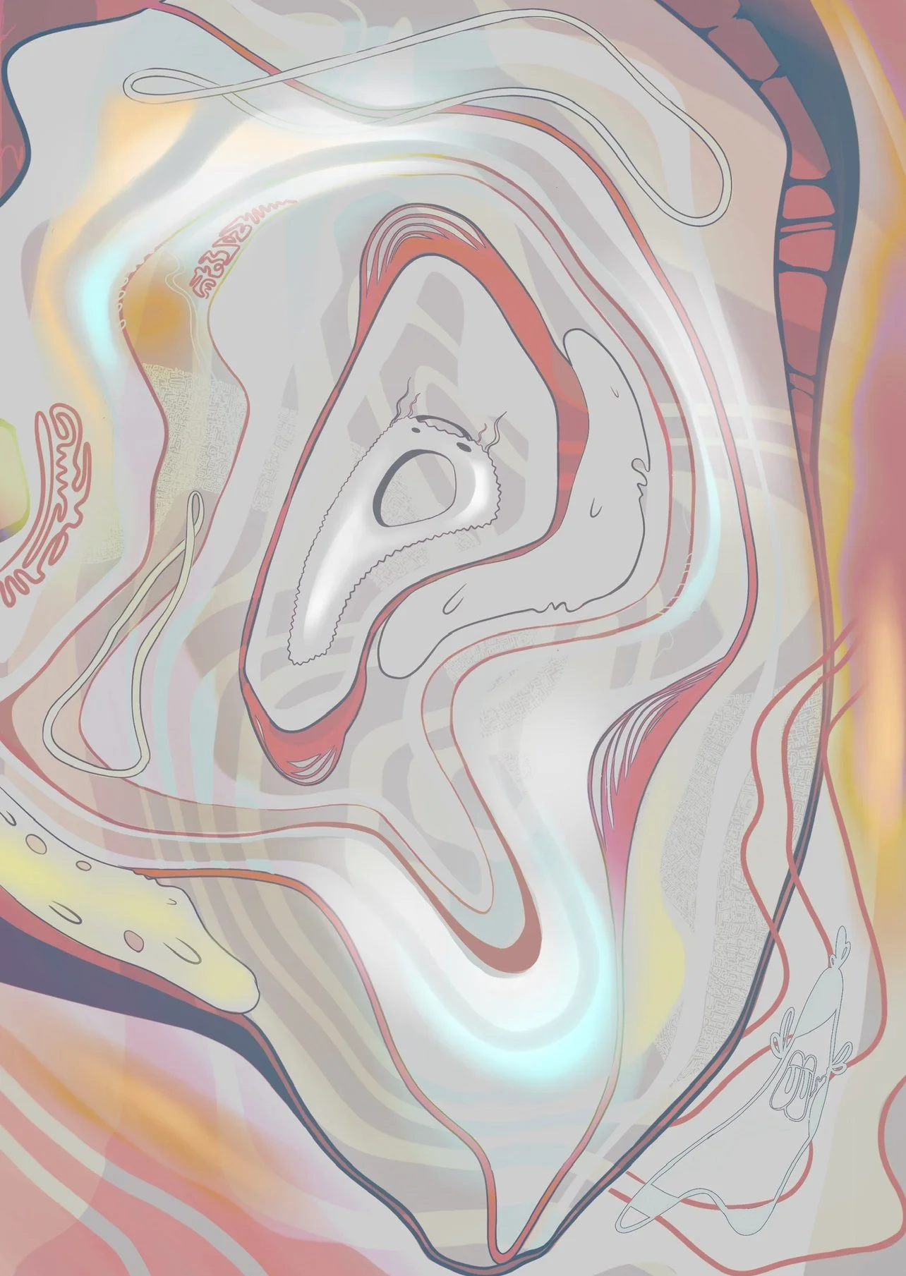 A colorful map with contour lines, symbols, and illustrations, resembling a stylized topographical or abstract artistic design.