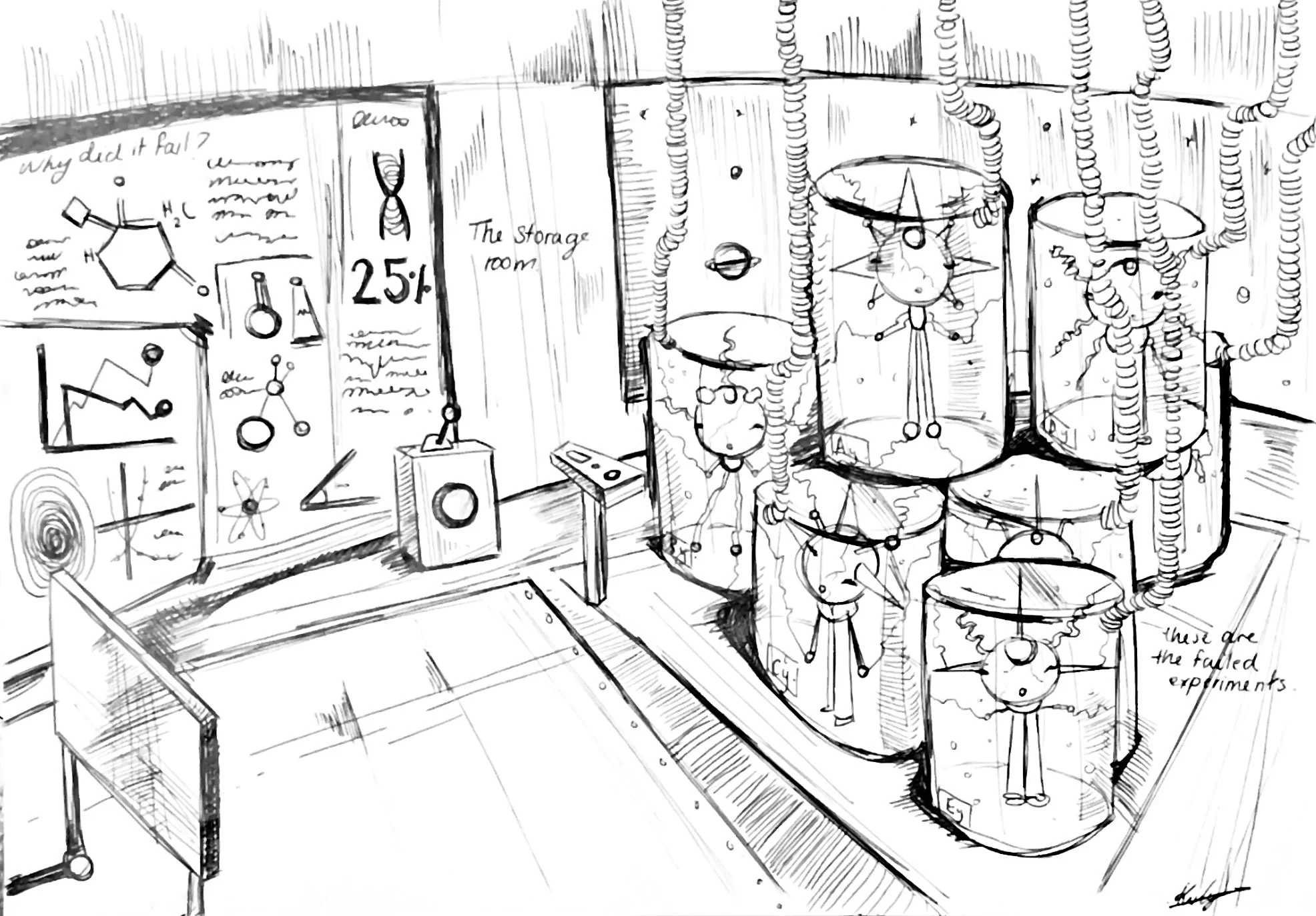 A sketch of a science laboratory with several glass containers filled with liquids and chemical reactions, including beakers, test tubes, and cylinders. A chalkboard displays chemical diagrams and graphs, with notes and writings such as 'Why did it f