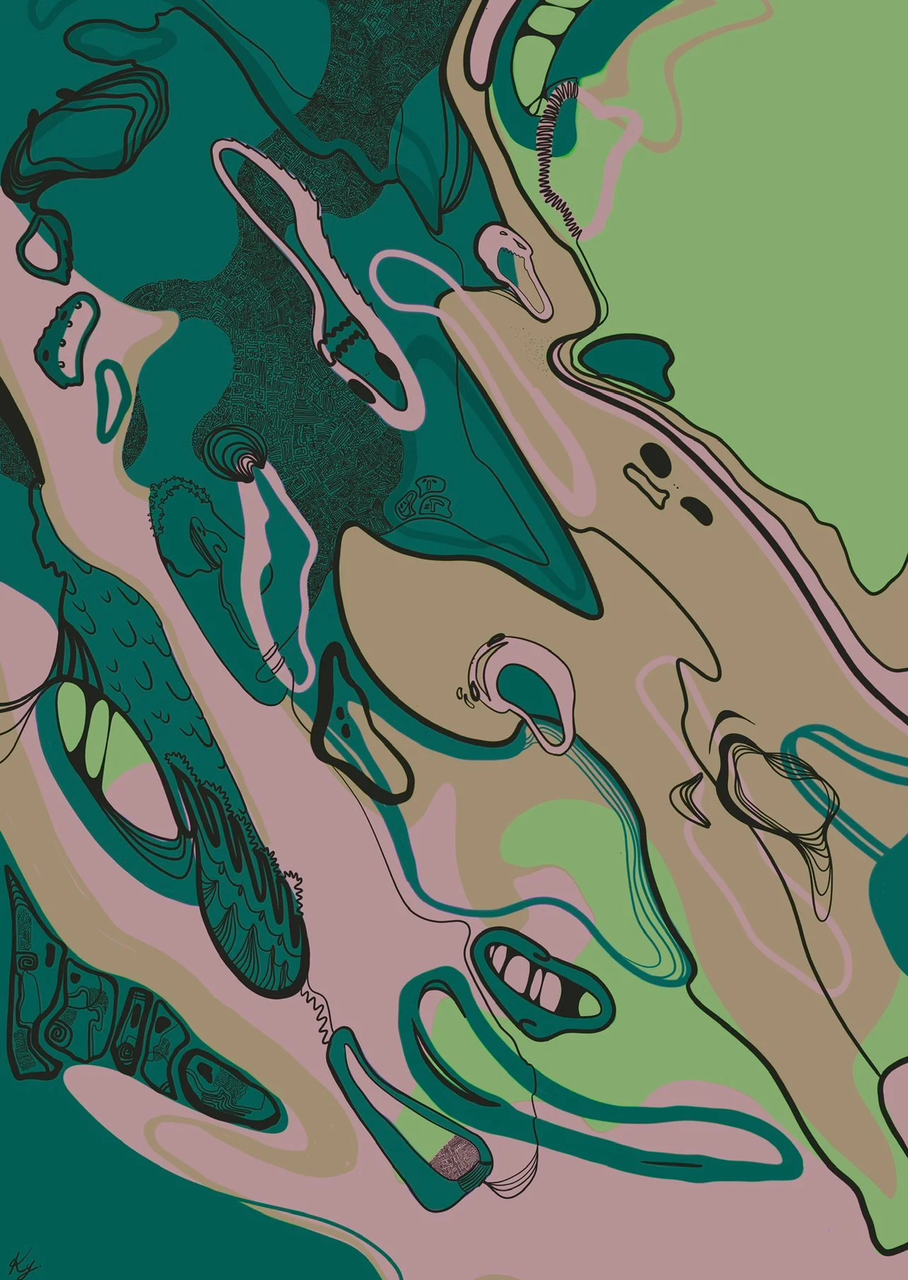 Abstract colorful digital art with swirling shapes and patterns in shades of green, pink, beige, and teal.