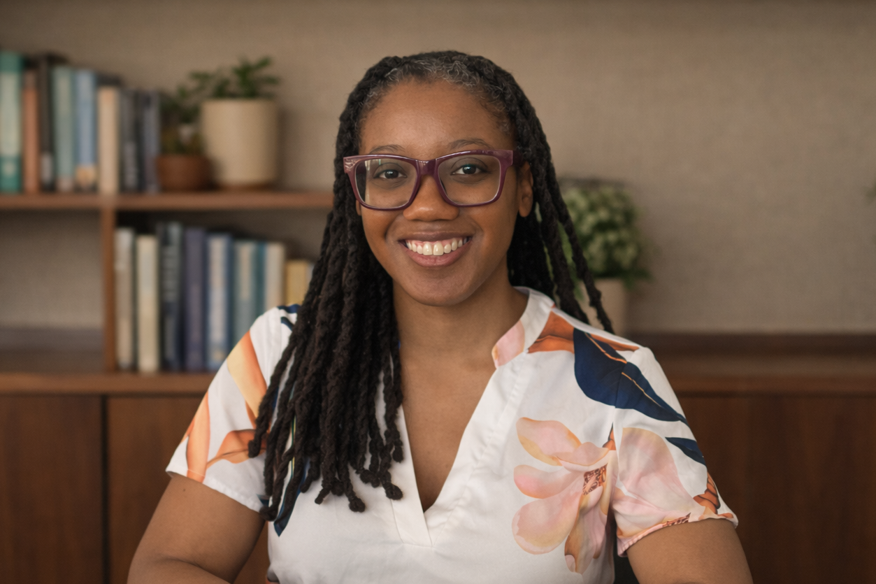 Sarie McGlone, A woman with long black dreadlocks, wearing purple glasses and a white floral shirt, smiling at the camera indoors with a bookshelf and potted plants in the background.