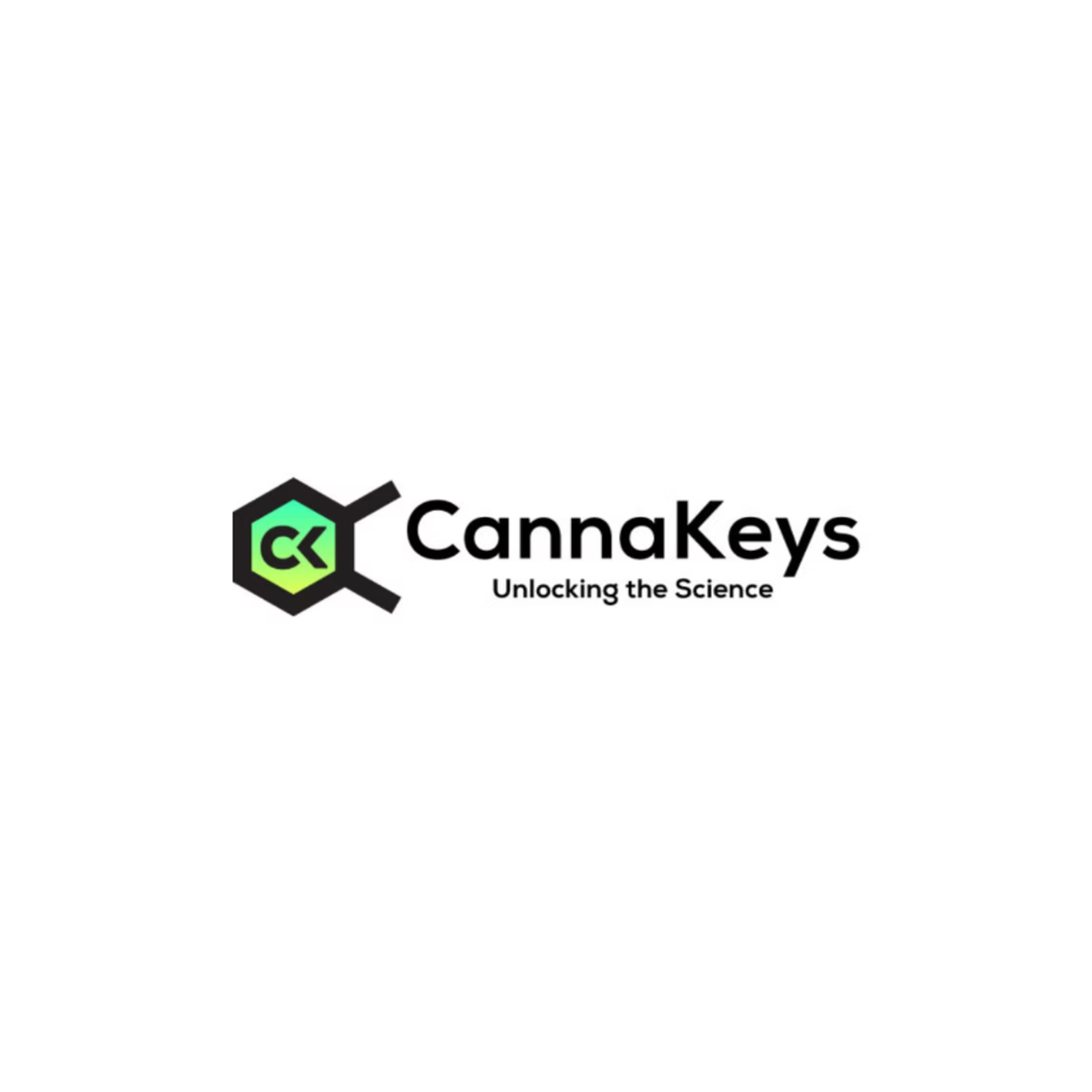 Logo of CannaKeys with a hexagon symbol containing a green letter 'C' and black 'K', and the tagline 'Unlocking the Science' beneath.