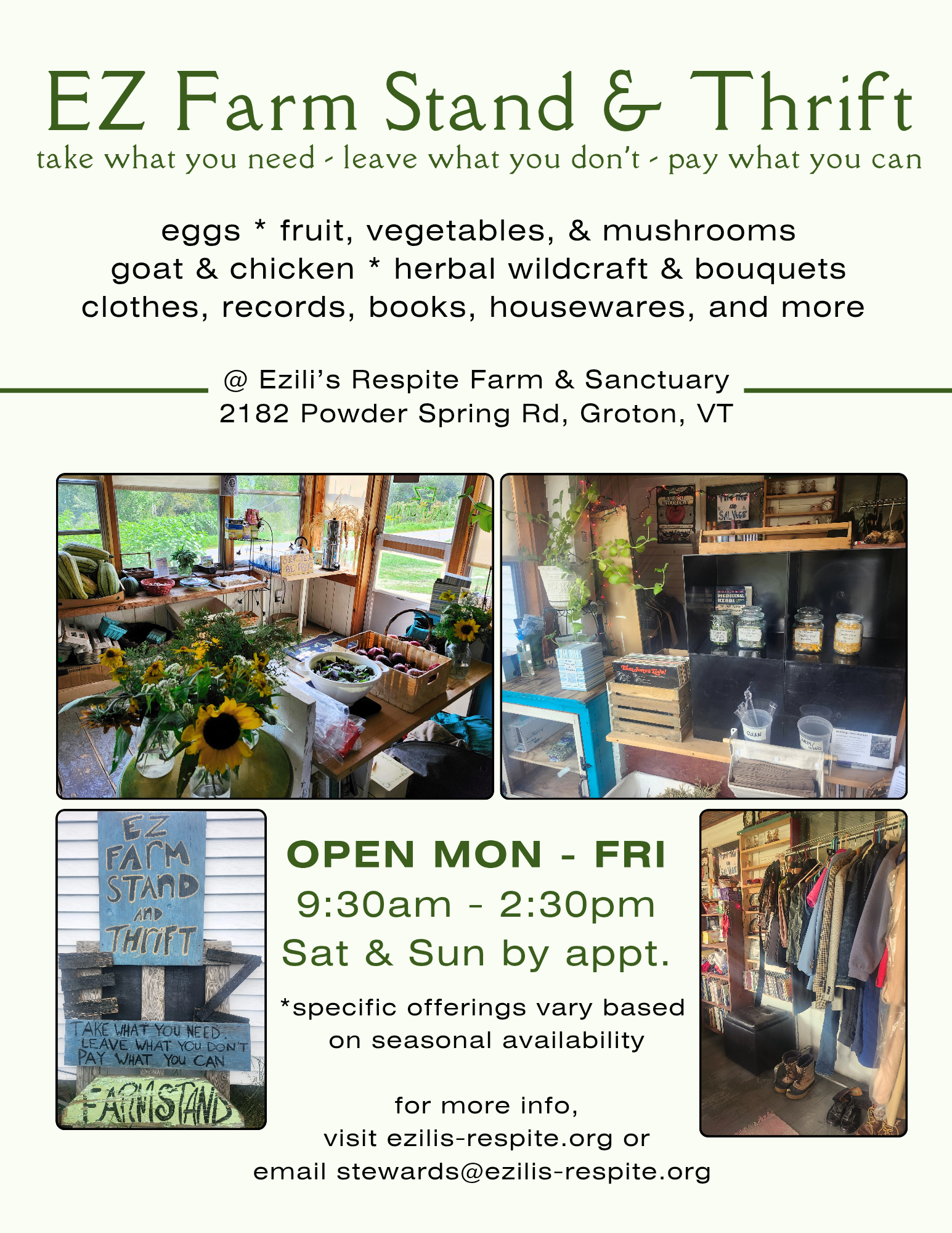 Flyer for EZ Farm Stand & Thrift featuring photos of interior and exterior views, including a market stall with sunflowers, a shelf with jars, and clothing racks, alongside details about location, hours, and offerings.