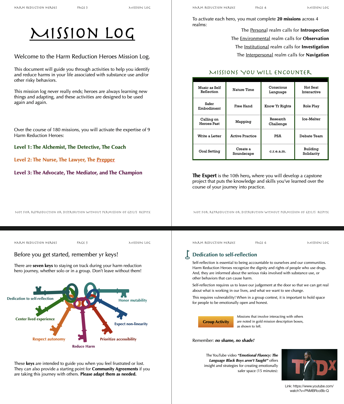 Printed Harm Reduction Heroes Mission Log