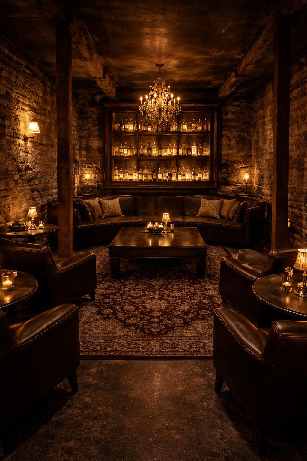 A cozy, dimly lit lounge with exposed brick walls, a vintage chandelier, a large sectional leather sofa, leather armchairs, and small side tables with lamps. A wooden coffee table is in the center, and a backlit shelf with bottles of liquor is on the