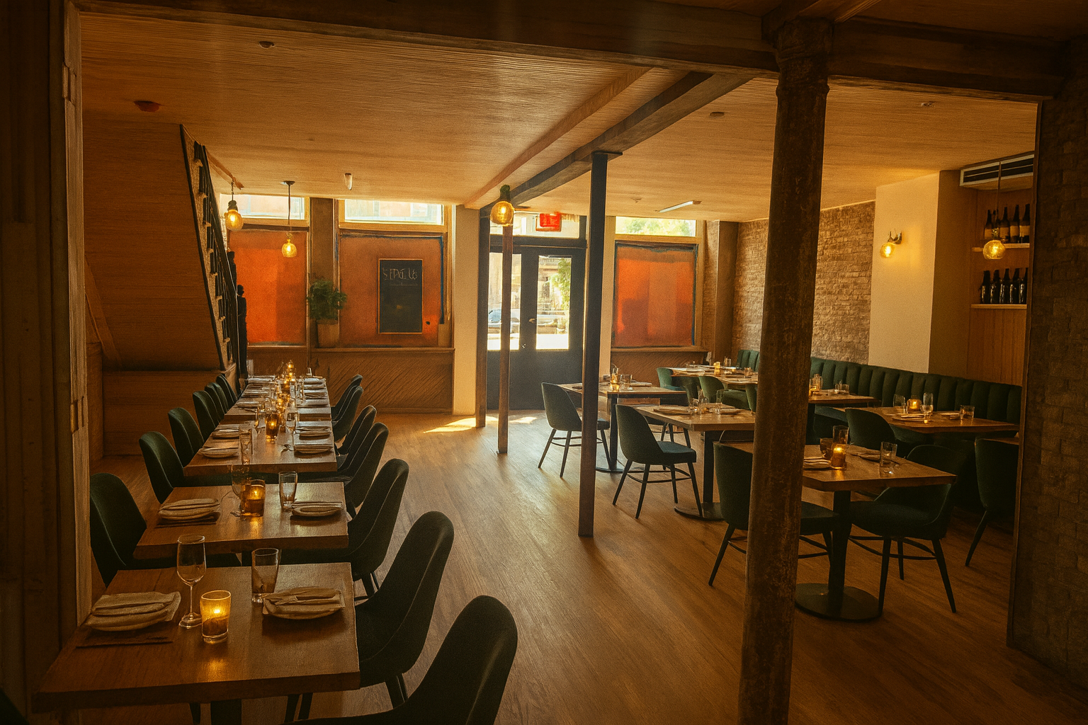 Empty restaurant with wooden tables, chairs, and warm lighting.