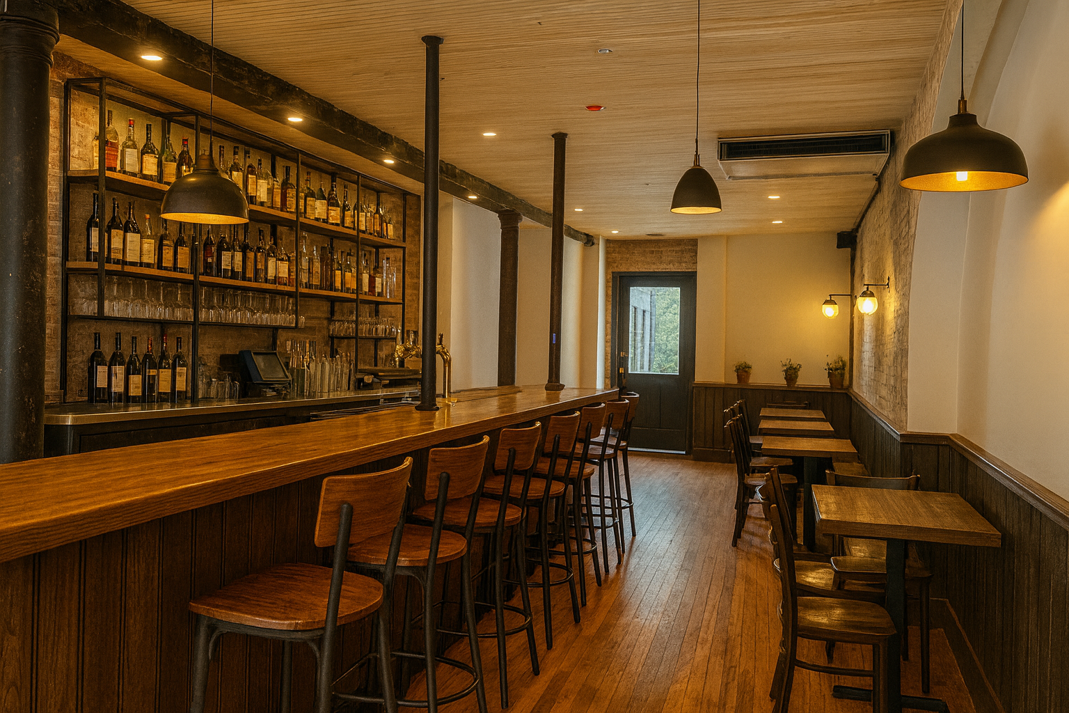 Empty bar with a wooden counter, bar stools, shelves with liquor bottles, glassware, and a tap. Small tables with chairs are along the wall, warm lighting, and a door with a window in the background.
